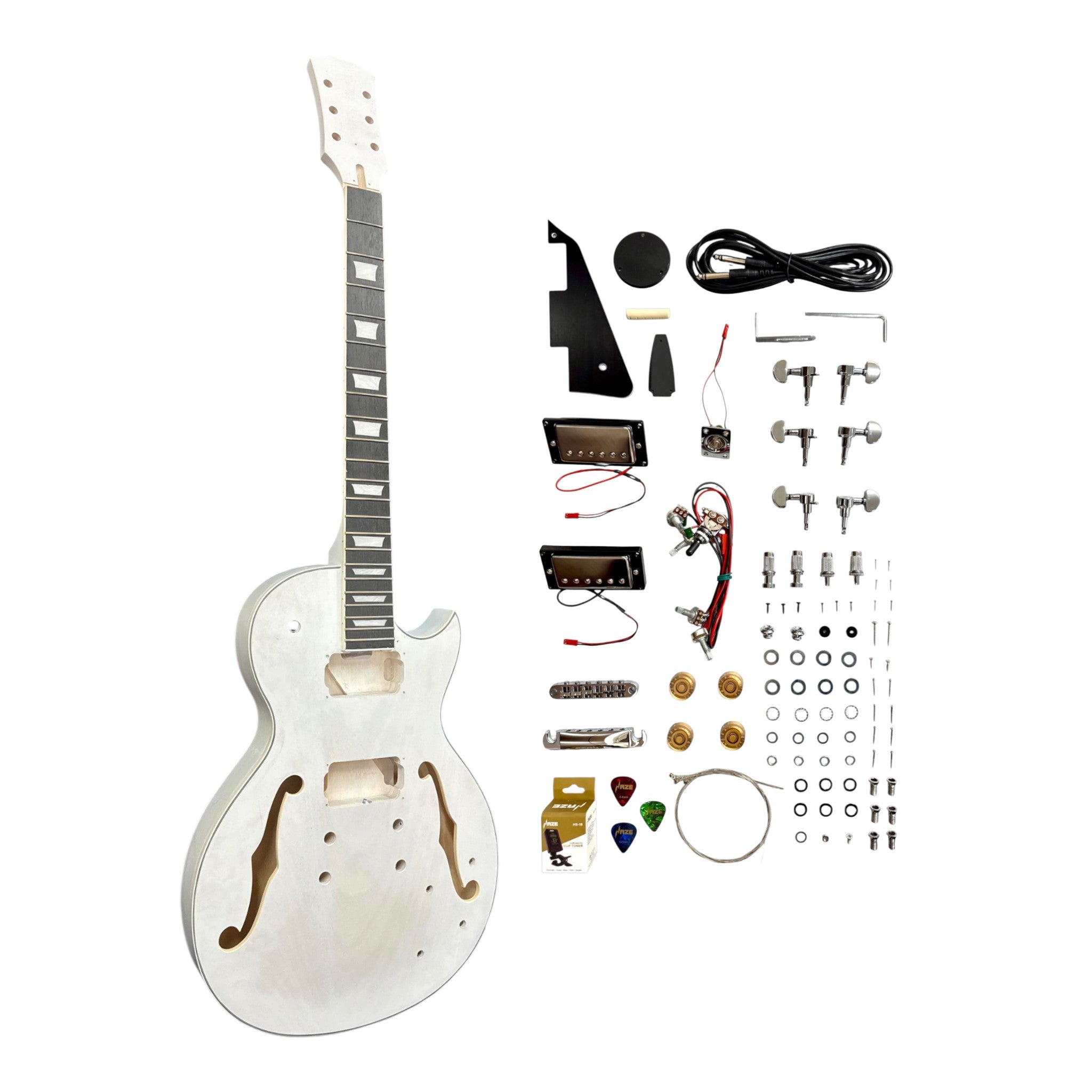 E239DIYWH Semi-Hollow White-Primed Basswood Body Maple Set-Neck HLP H-H Electric Guitar DIY Kit - Complete No-Soldering w/ 3-Ply Ebony Trims & Chrome Hardware