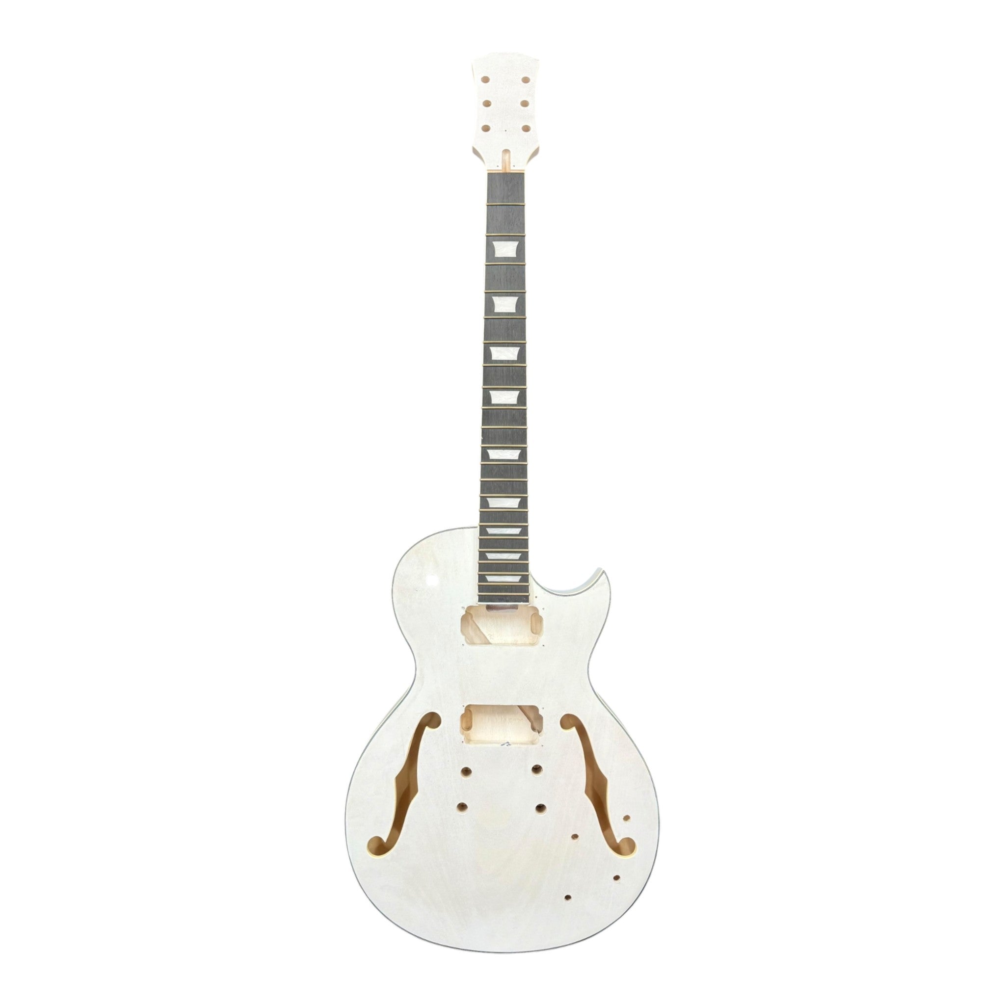 E239DIYWH Semi-Hollow White-Primed Basswood Body Maple Set-Neck HLP H-H Electric Guitar DIY Kit - Complete No-Soldering w/ 3-Ply Ebony Trims & Chrome Hardware