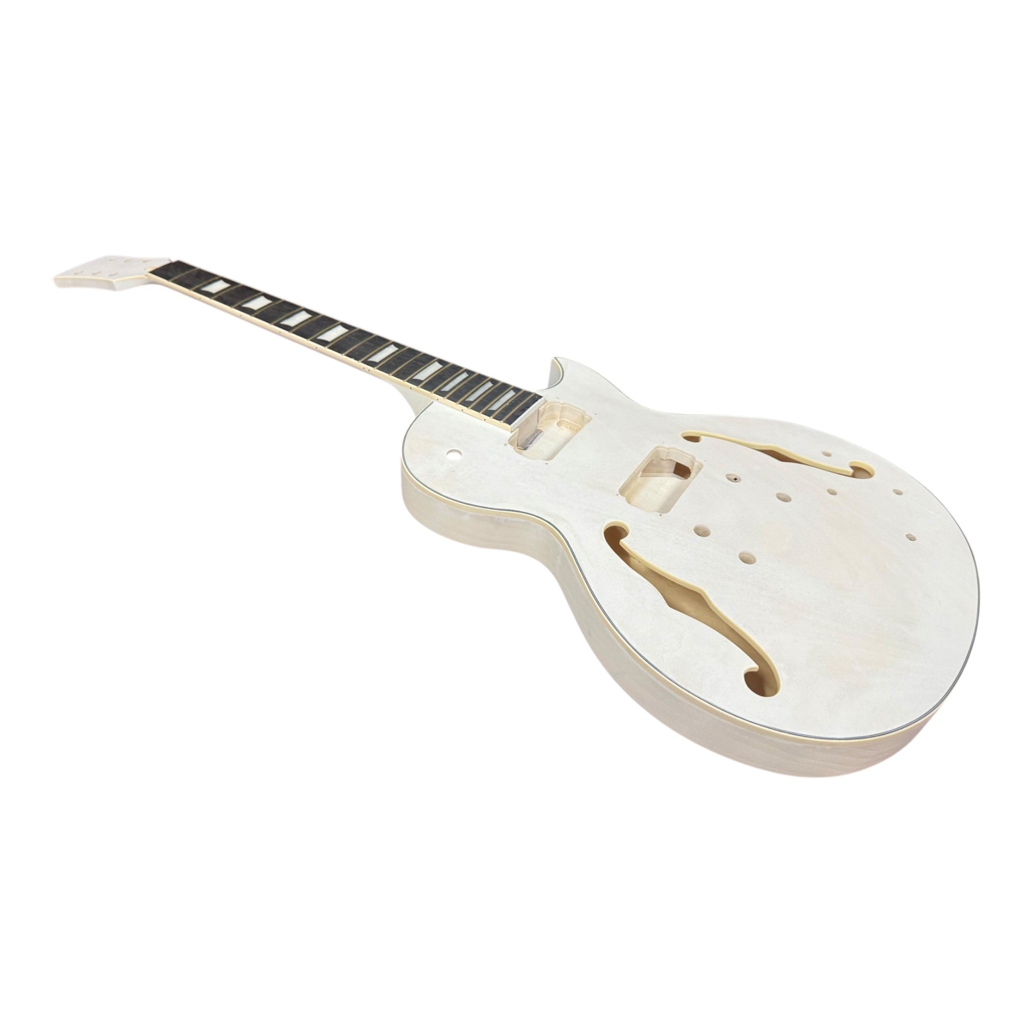E239DIYWH Semi-Hollow White-Primed Basswood Body Maple Set-Neck HLP H-H Electric Guitar DIY Kit - Complete No-Soldering w/ 3-Ply Ebony Trims & Chrome Hardware
