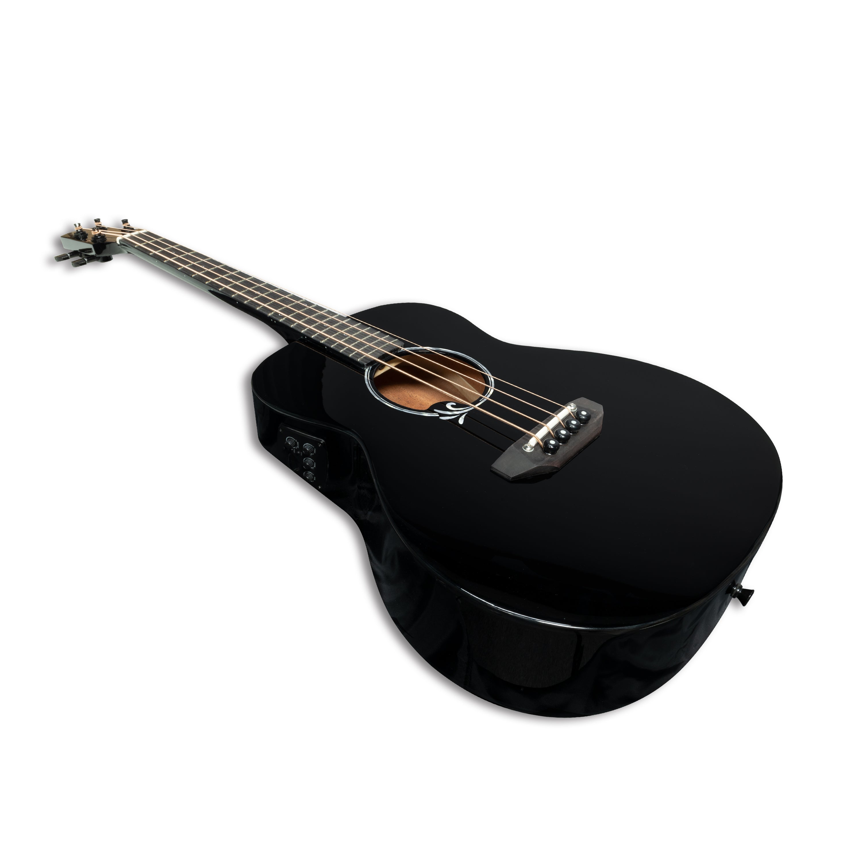 Haze 37" Solid Sitka Top Height Adjustable Saddle Acoustic Bass Guitar - Black HZMINISEBSPBK
