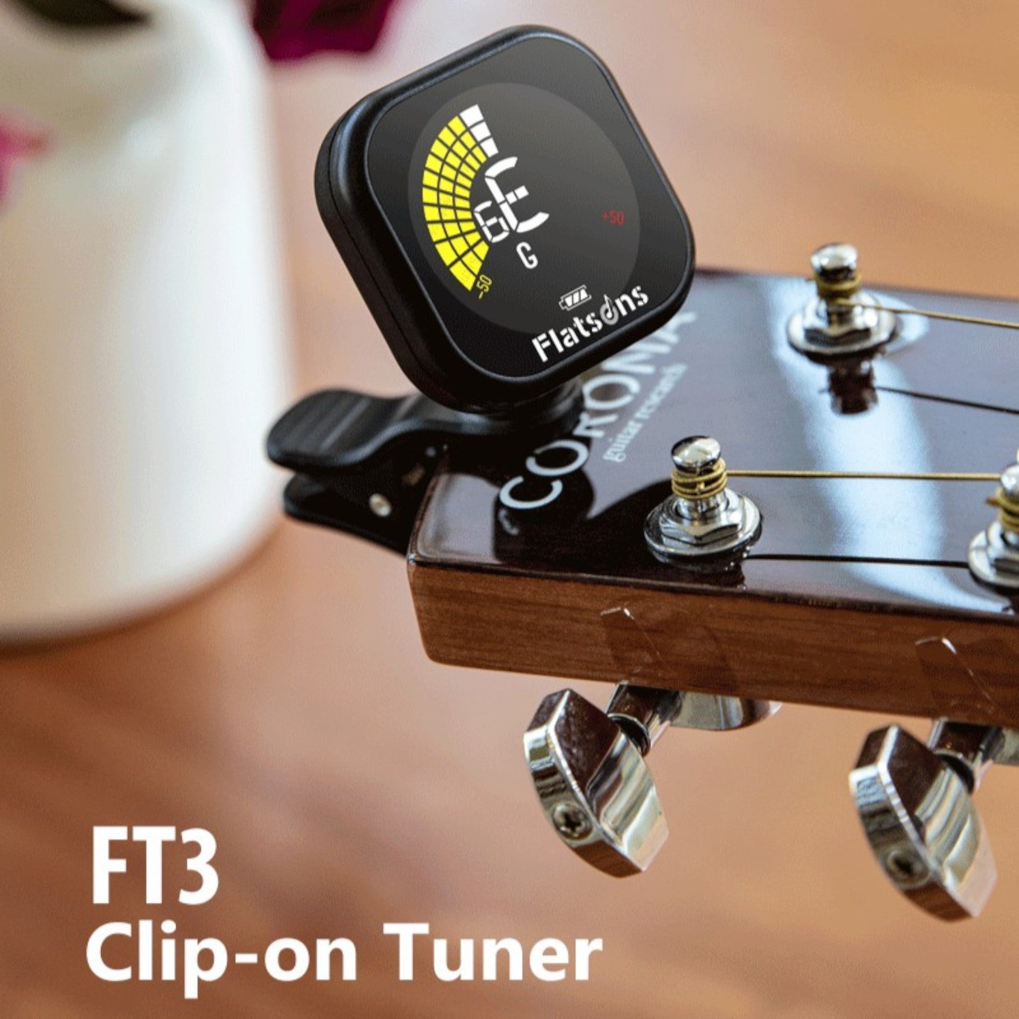 (PREDORDER: MID OCT 2026) Flatsons FT3 Rechargeable Chromatic Clip-On Tuner with Colour Display - Guitar, Bass, Ukulele & Violin