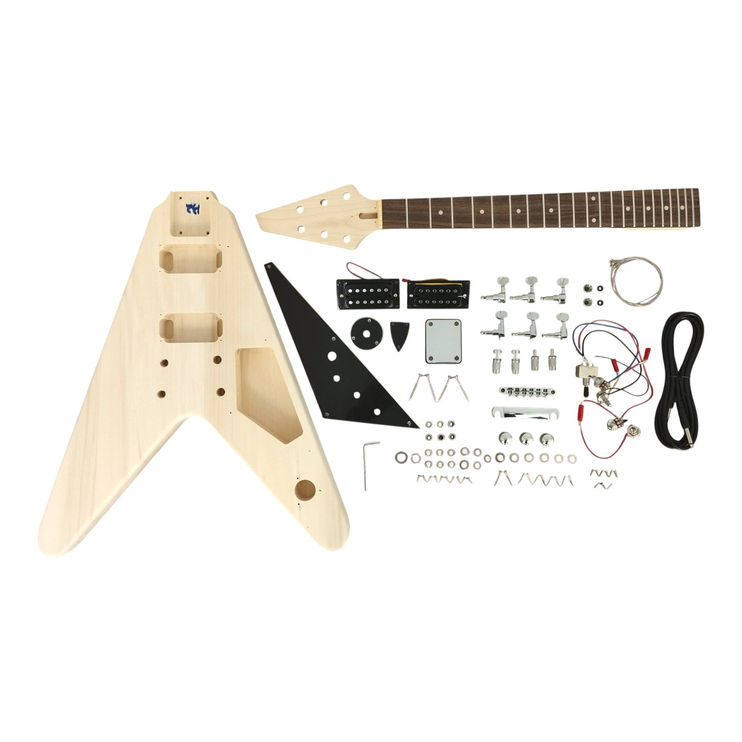 FV09DIY Solid Basswood Body Maple Bolt-On Neck V-Style HH Electric Guitar DIY Kit - Complete No-Soldering w/ Ebony Trims