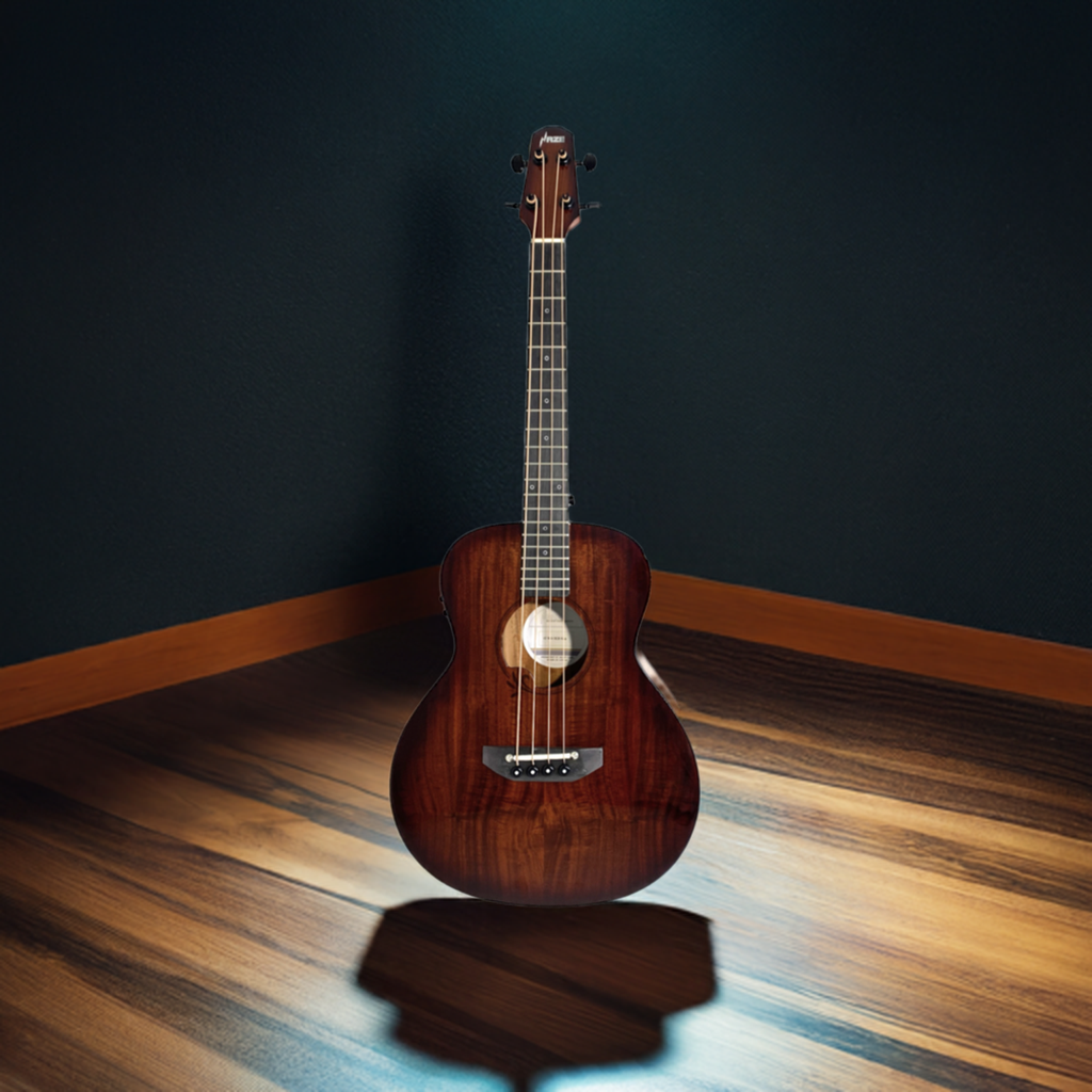 Haze 37" Solid Koa Top Height Adjustable Saddle Acoustic Bass Guitar - Natural HZMINISEBKOA