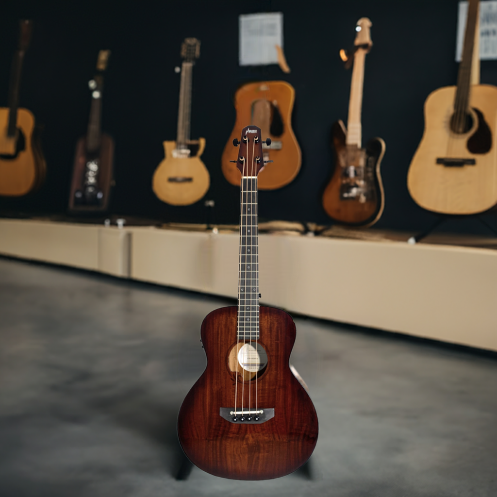 Haze 37" Solid Koa Top Height Adjustable Saddle Acoustic Bass Guitar - Natural HZMINISEBKOA