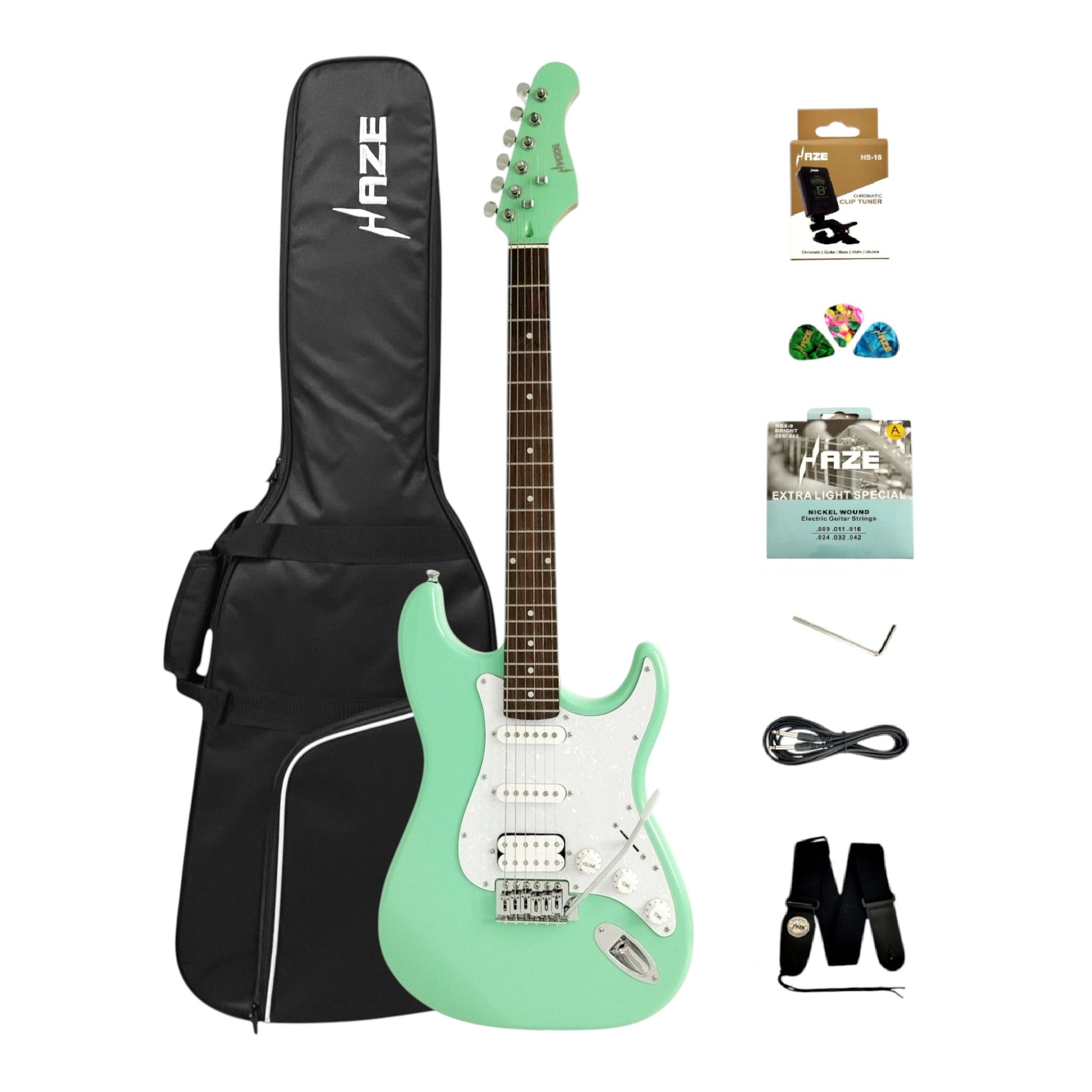 Haze E211 Surf Green HST Electric Guitar with Accessories + 10W Amp. (Optional)