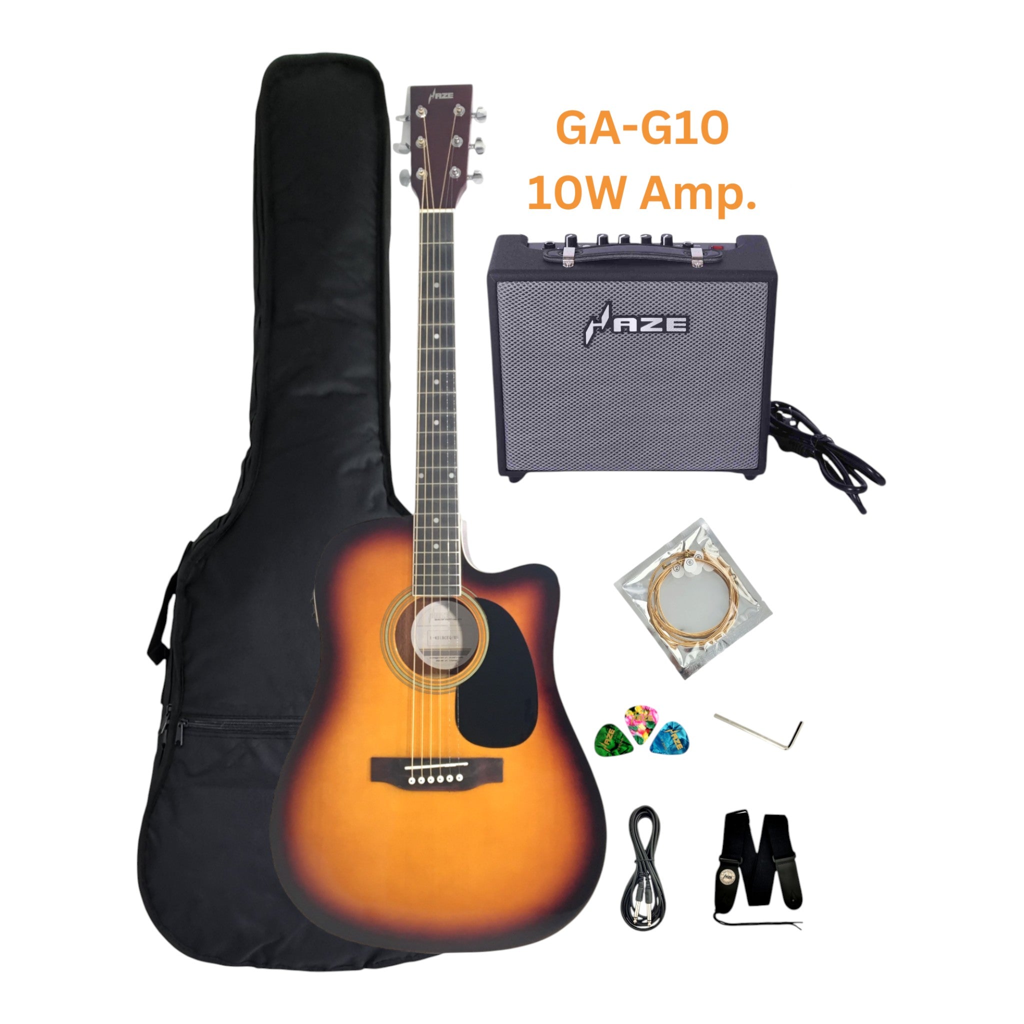 Haze F631BCEQBS Thin-Body Built-In Pickups/Tuner Acoustic Guitar - Sunburst with Accessories and 10W Amp. (Optional)