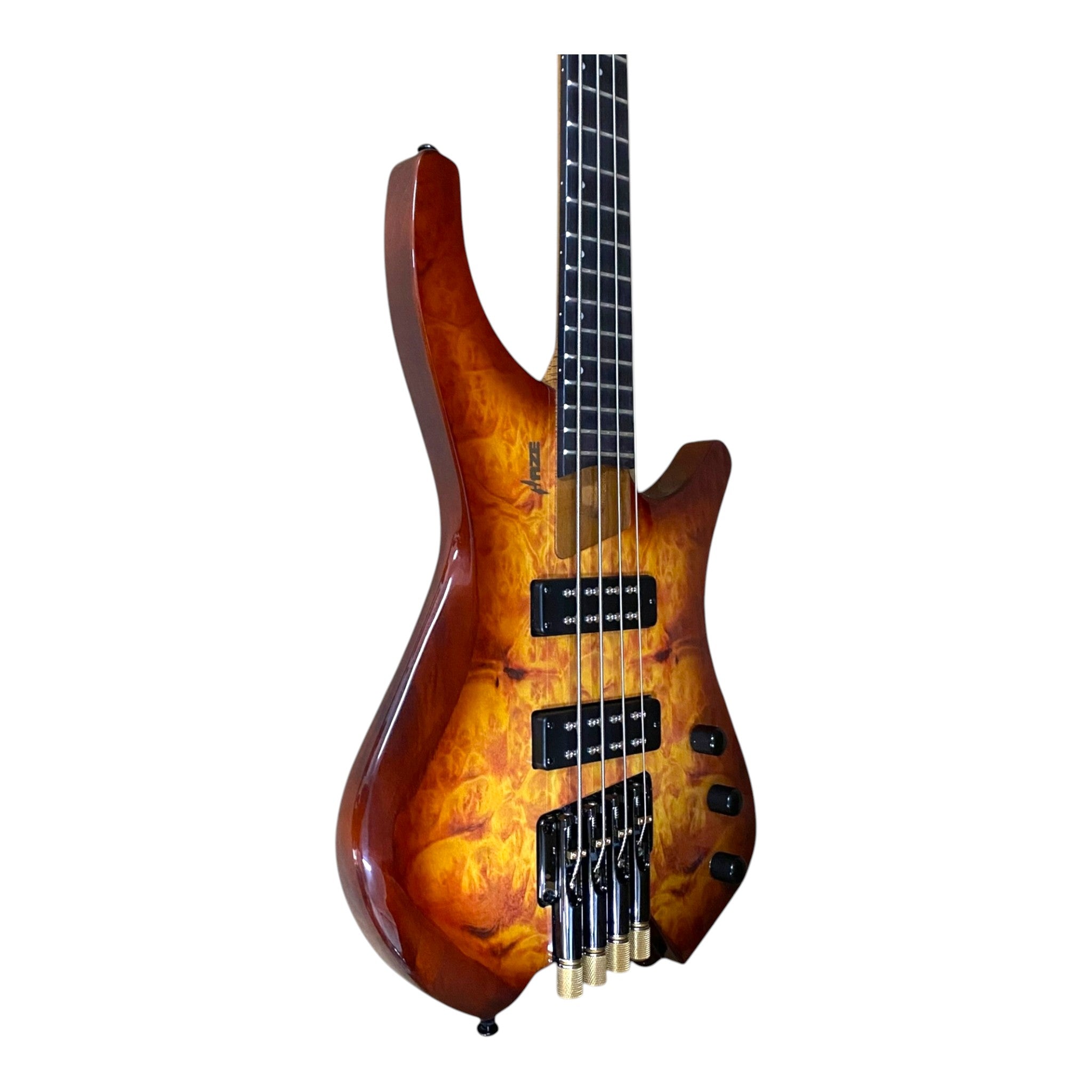 Haze B4H Timberline Series Headless Electric Bass – Roasted Maple Neck, Natural Brown Veneer, & Passive BJ-80 Pickups