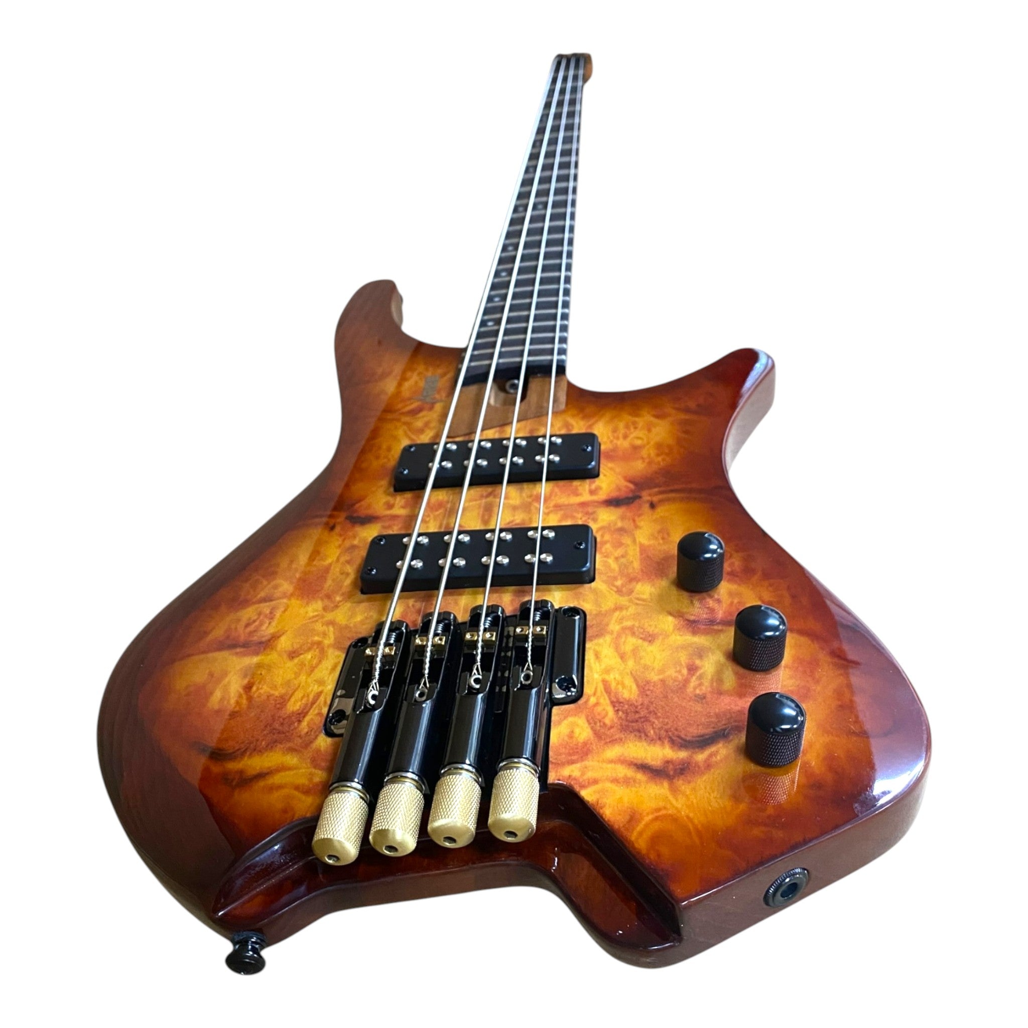 Haze B4H Timberline Series Headless Electric Bass – Roasted Maple Neck, Natural Brown Veneer, & Passive BJ-80 Pickups