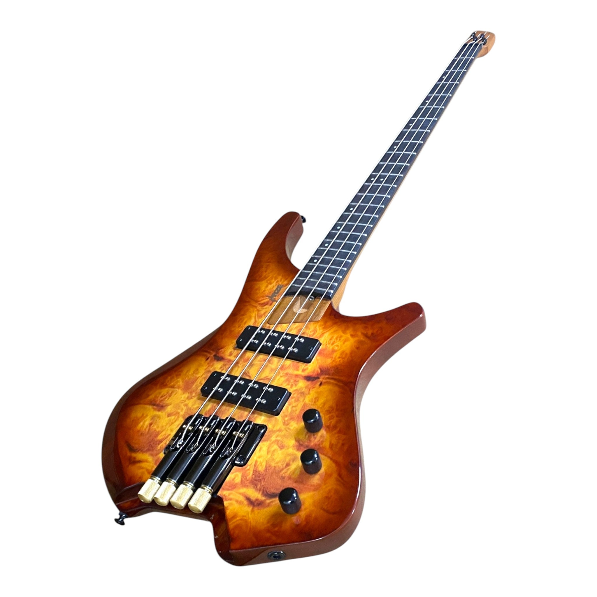 Haze B4H Timberline Series Headless Electric Bass – Roasted Maple Neck, Natural Brown Veneer, & Passive BJ-80 Pickups