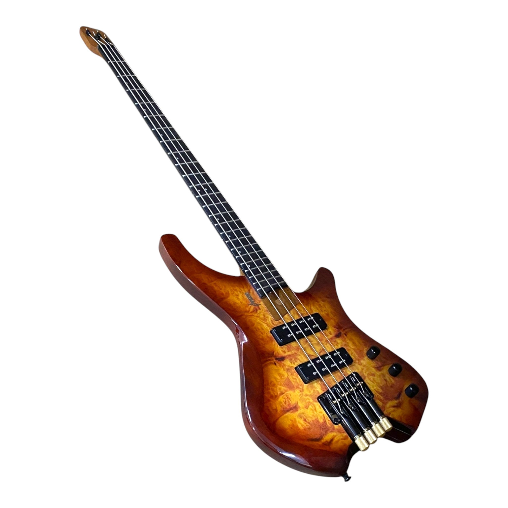 Haze B4H Timberline Series Headless Electric Bass – Roasted Maple Neck, Natural Brown Veneer, & Passive BJ-80 Pickups