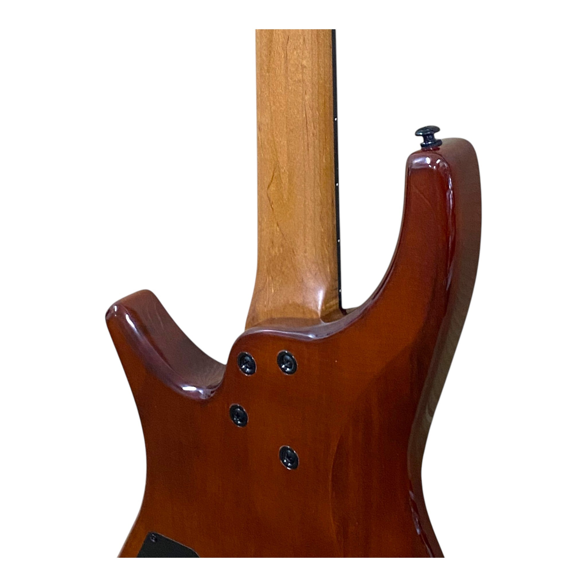 Haze B4H Timberline Series Headless Electric Bass – Roasted Maple Neck, Natural Brown Veneer, & Passive BJ-80 Pickups