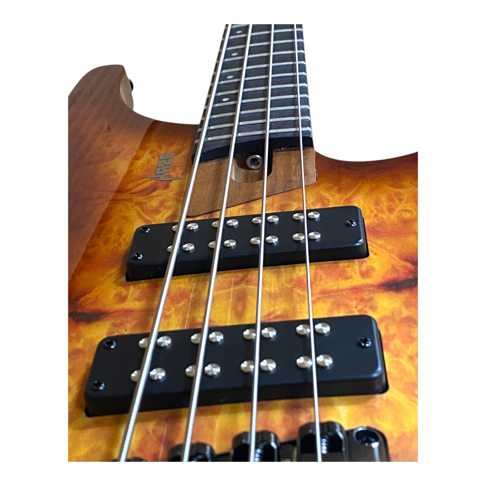 Haze B4H Timberline Series Headless Electric Bass – Roasted Maple Neck, Natural Brown Veneer, & Passive BJ-80 Pickups