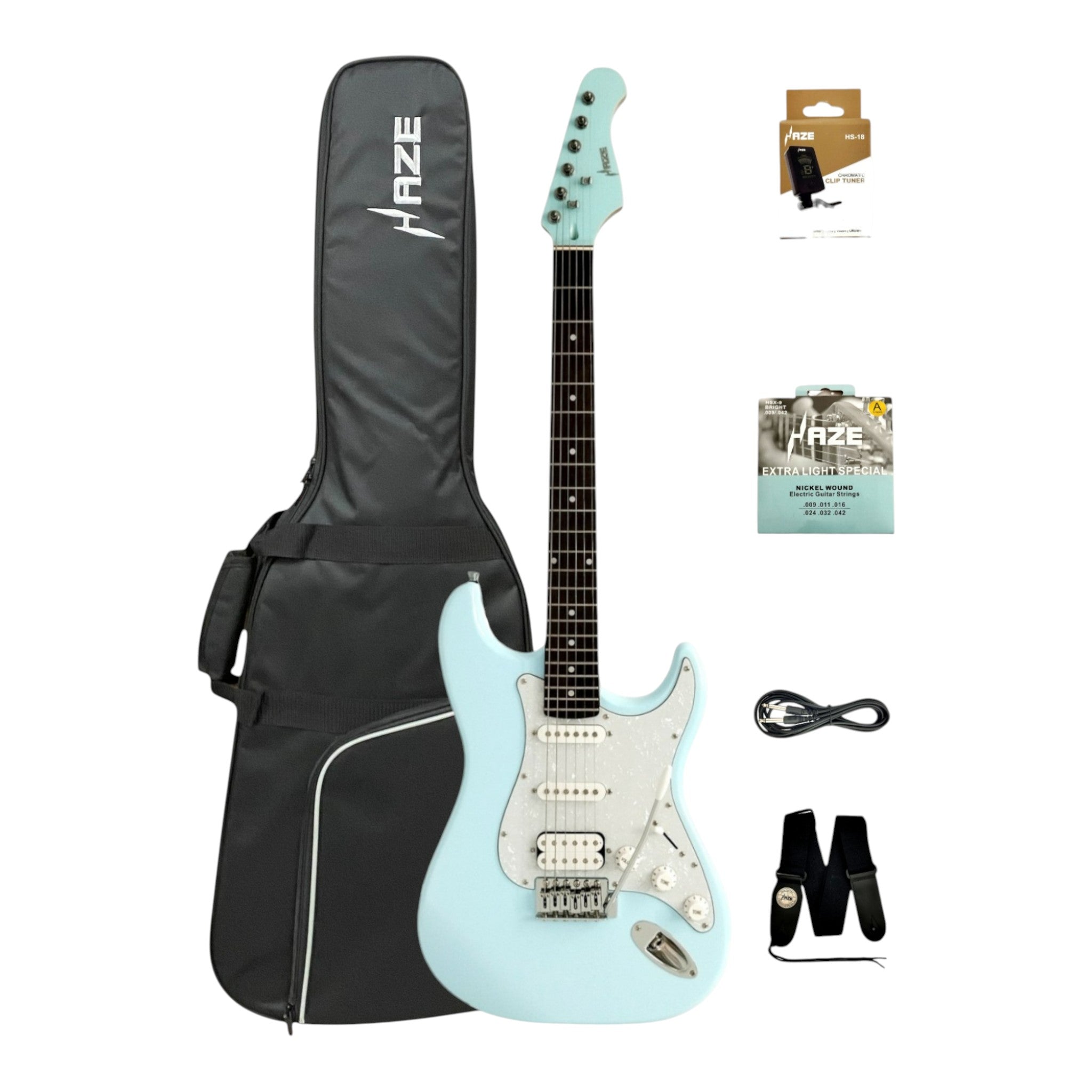 Haze E211 Sonic Blue HST Electric Guitar with Accessories + 10W Amp (Optional)