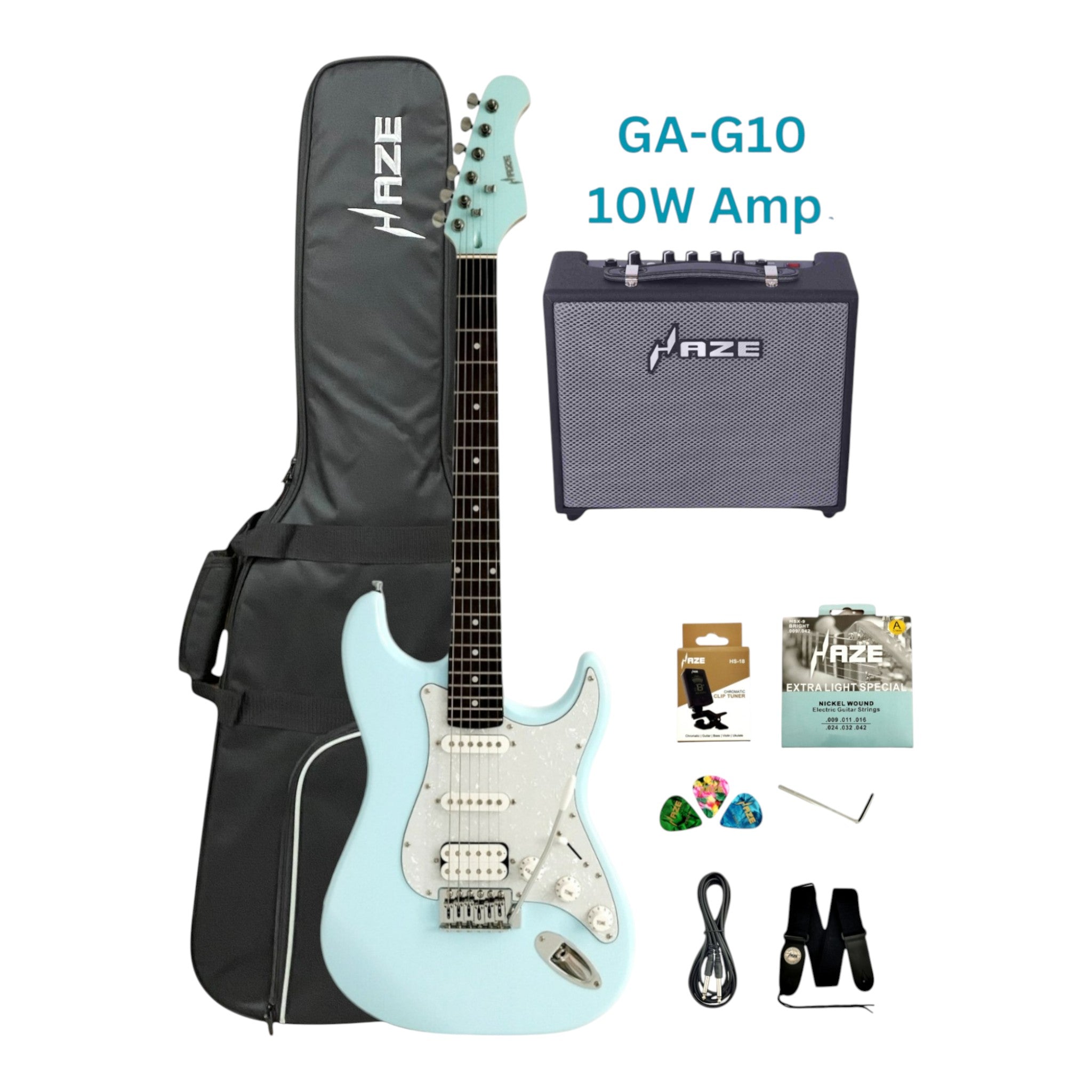 Haze E211 Sonic Blue HST Electric Guitar with Accessories + 10W Amp (Optional)