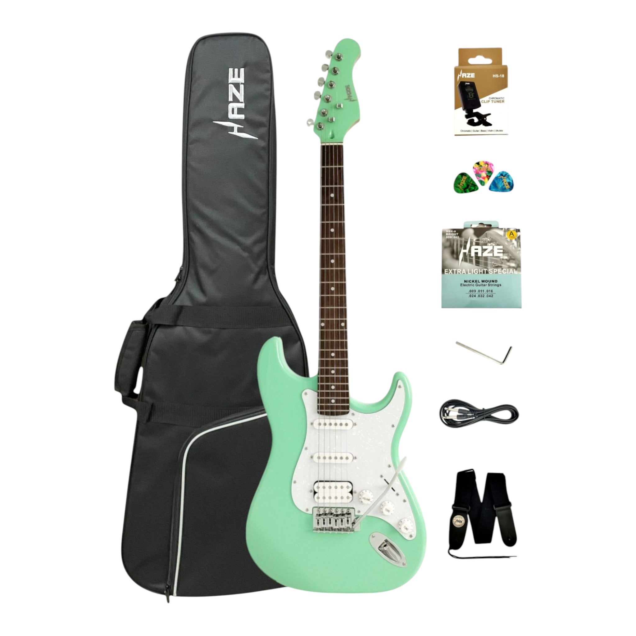 Haze E211 Surf Green HST Electric Guitar with Accessories + 10W Amp. (Optional)