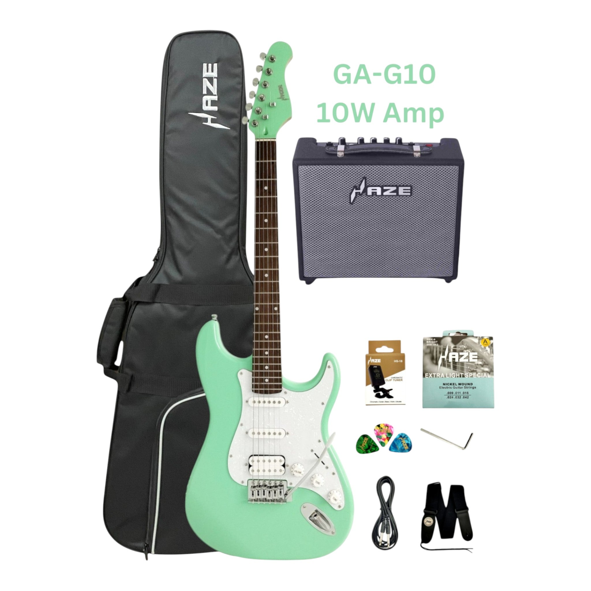 Haze E211 Surf Green HST Electric Guitar with Accessories + 10W Amp. (Optional)