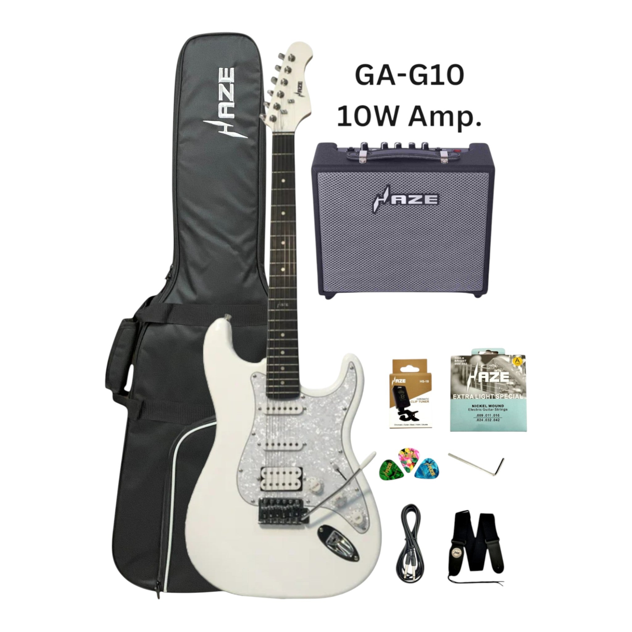 Haze E211 Arctic White HST Electric Guitar with Accessories + 10W Amp. (Optional)