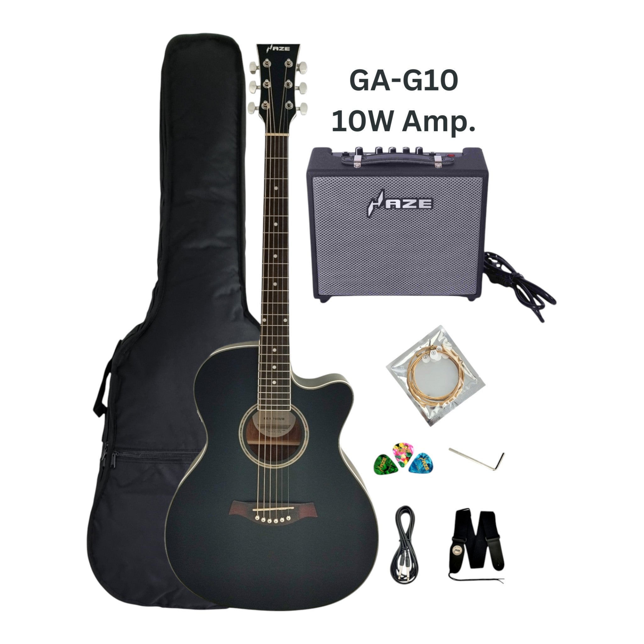 Haze F560CEQMBK Spruce Top Built-In Pickup/Tuner OM Cutaway Acoustic Guitar - Black with Accessories and 10W Amp. (Optional)