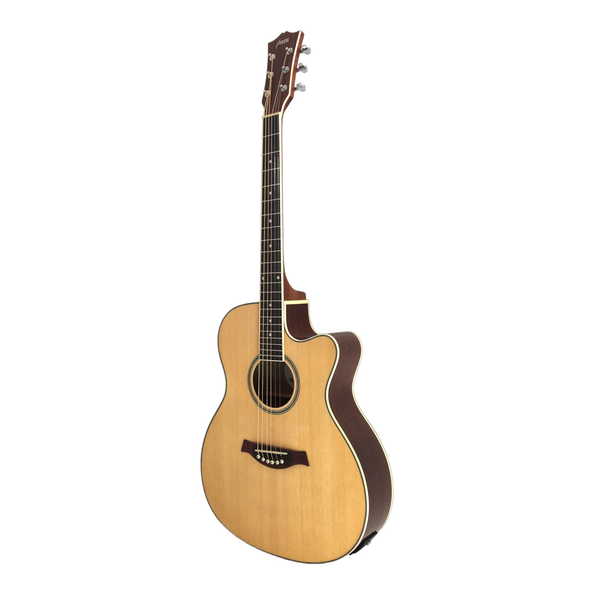 Haze F560CEQN Spruce Top Built-In Pickup/Tuner OM Cutaway Acoustic Guitar - Natural with Accessories and 10W Amp. (Optional)
