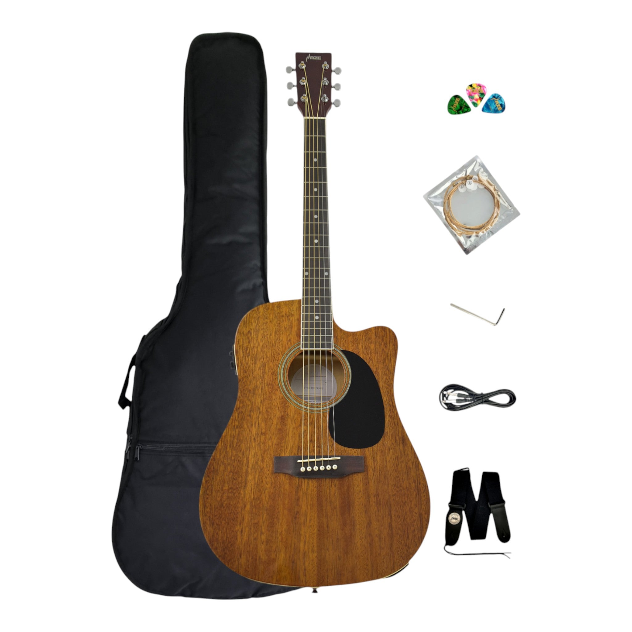 Haze F631BCEQMS Thin-Body Built-In Pickups/Tuner Acoustic Guitar - Natural with Accessories and 10W Amp. (Optional)