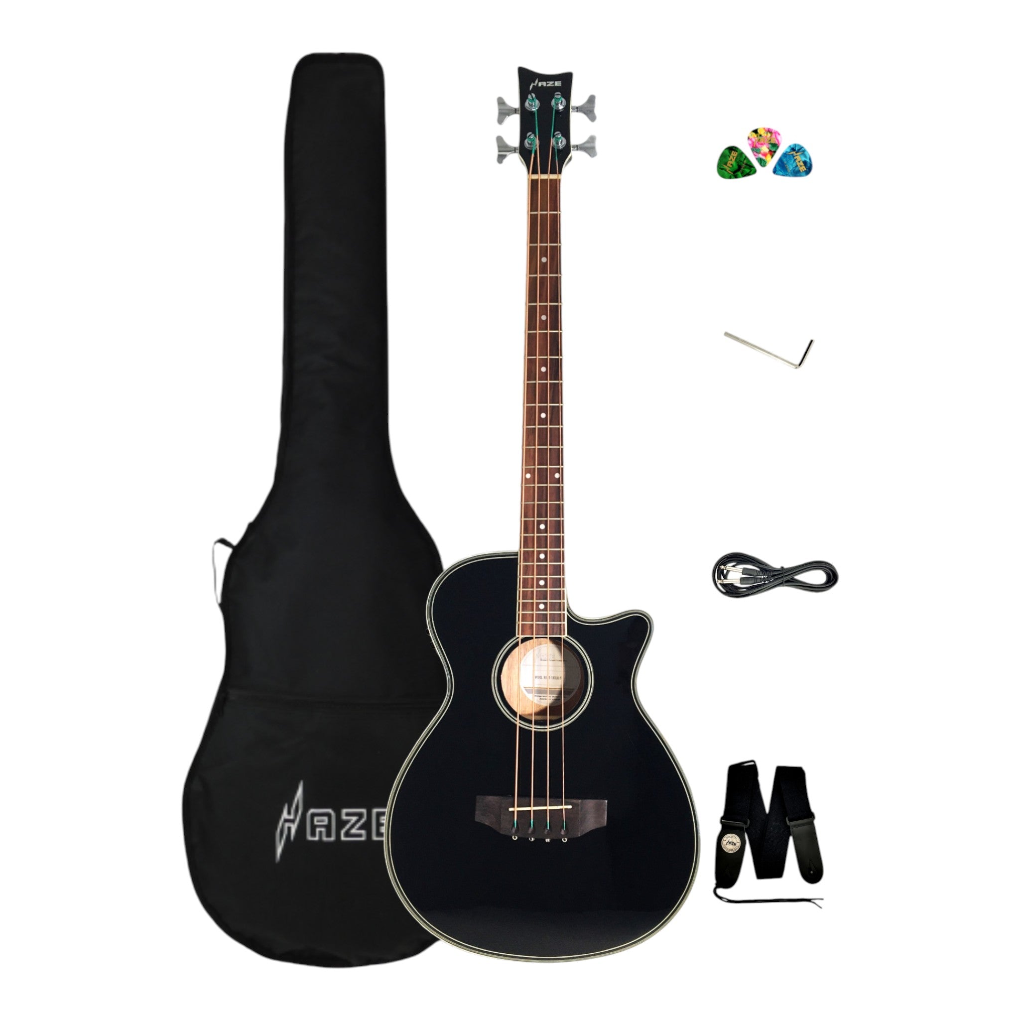 Haze FB711BCEQBK34 4-String Electric-Acoustic Bass Guitar with EQ, comes with bag, picks