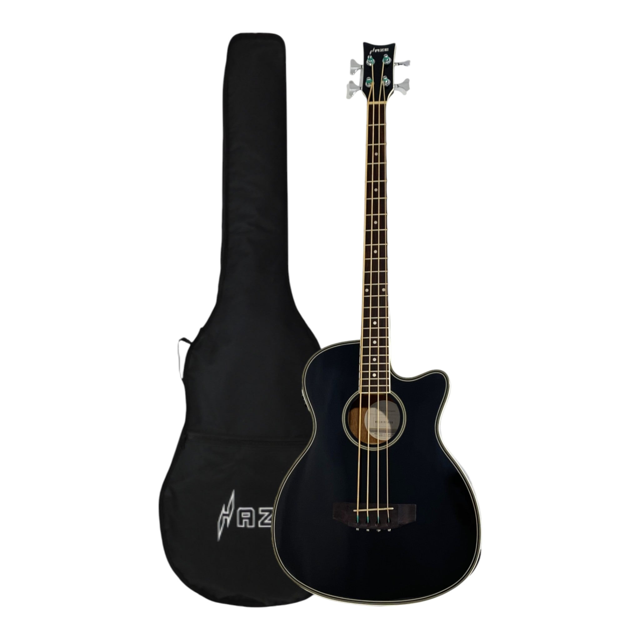 Haze FB711BCEQBK44 4-String Electric-Acoustic Bass Guitar, Black + Free Gig Bag