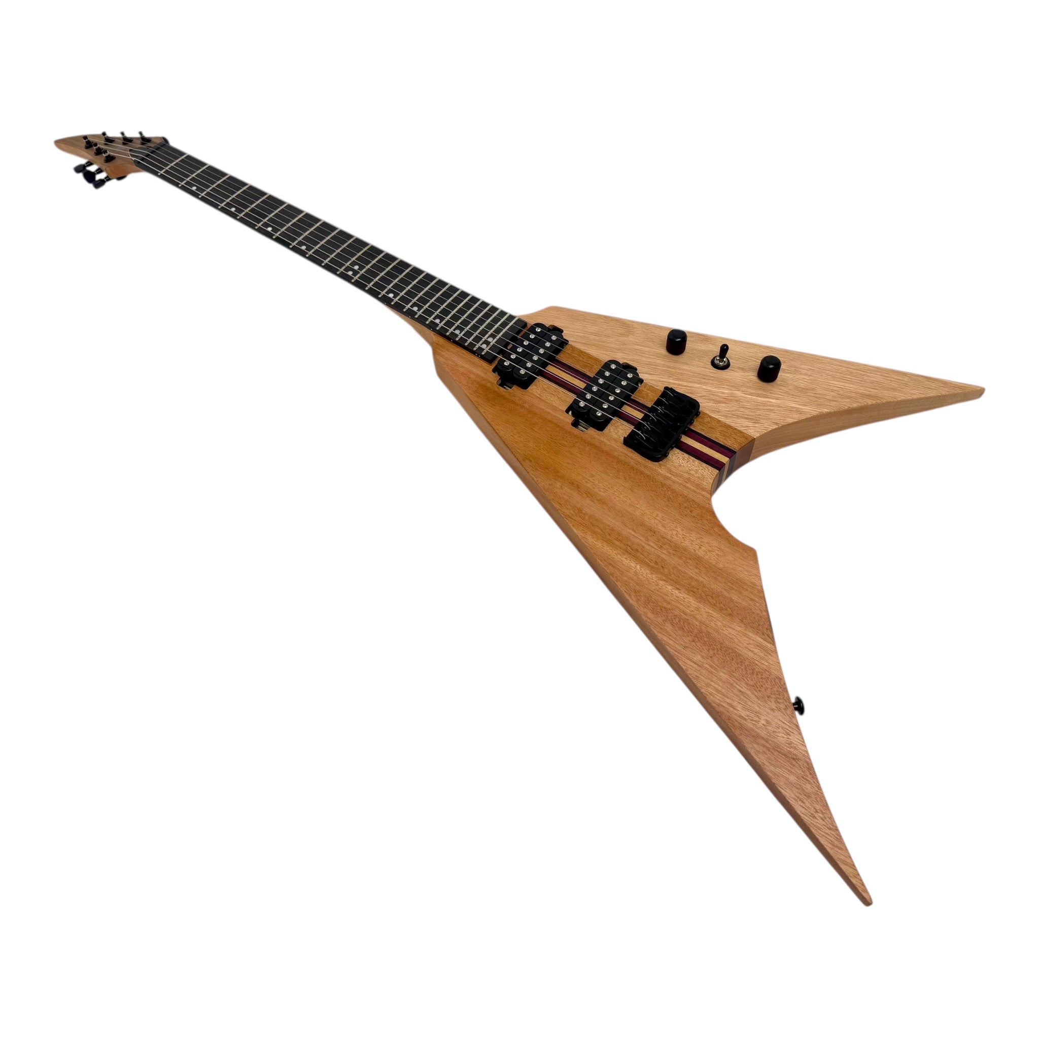 Haze FV6MS Woodgrain "Foxglove" Okoume V-Shaped Electric Guitar w/ Belcat Coil Pickups
