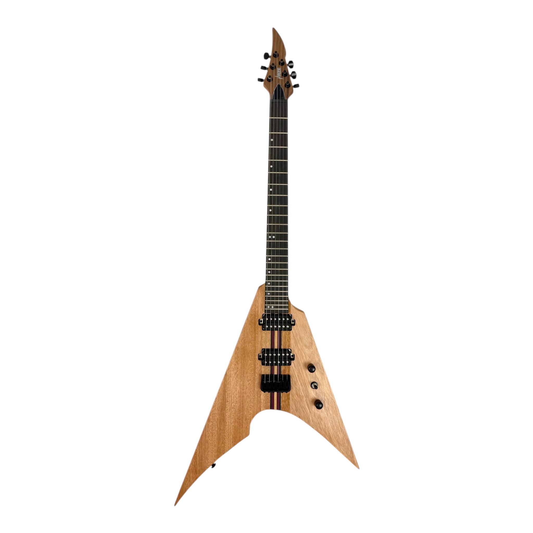 Haze FV6MS Woodgrain "Foxglove" Okoume V-Shaped Electric Guitar w/ Belcat Coil Pickups