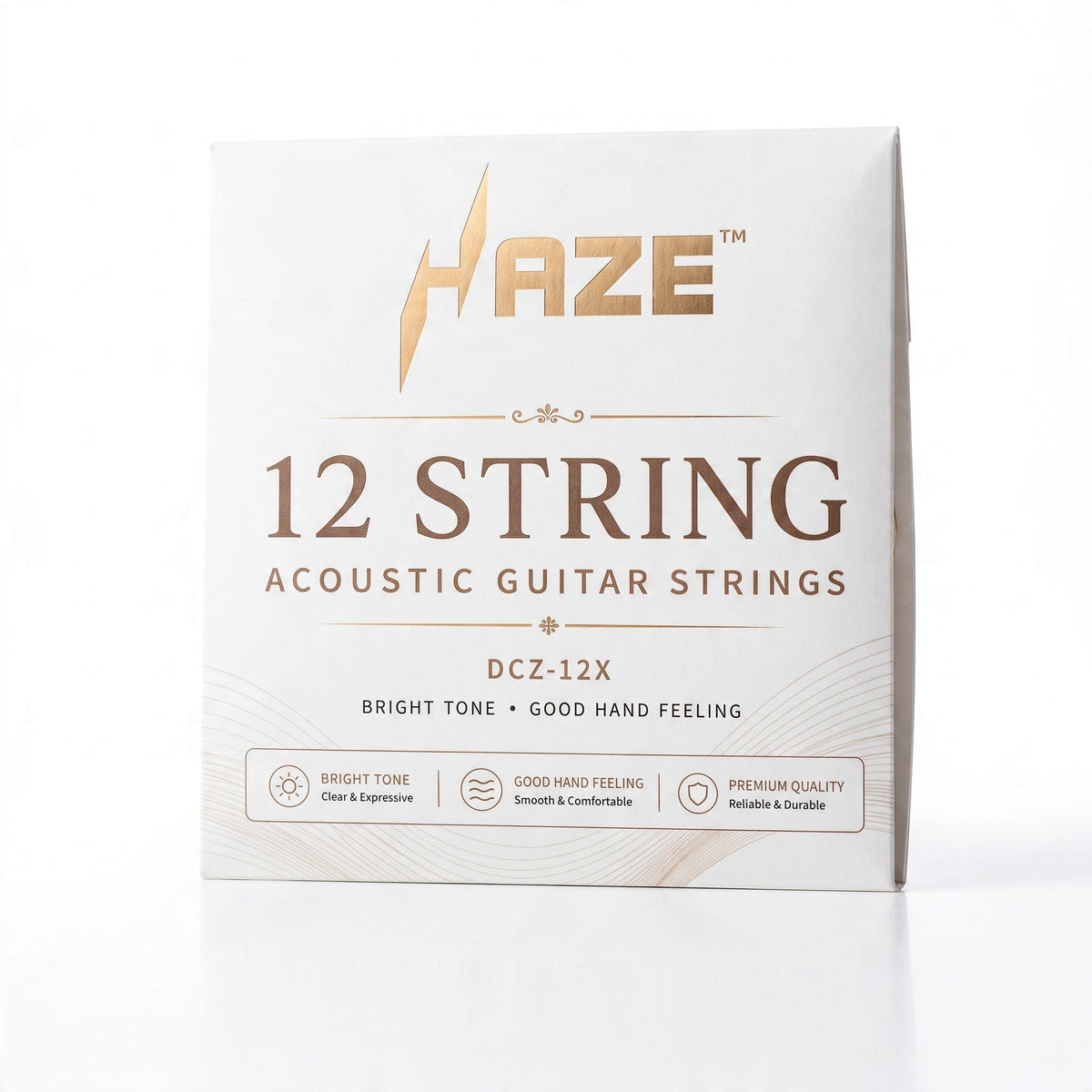 Haze Guitar Australia DCZ12X 12-string acoustic guitar strings in white packaging with gold branding and text.
