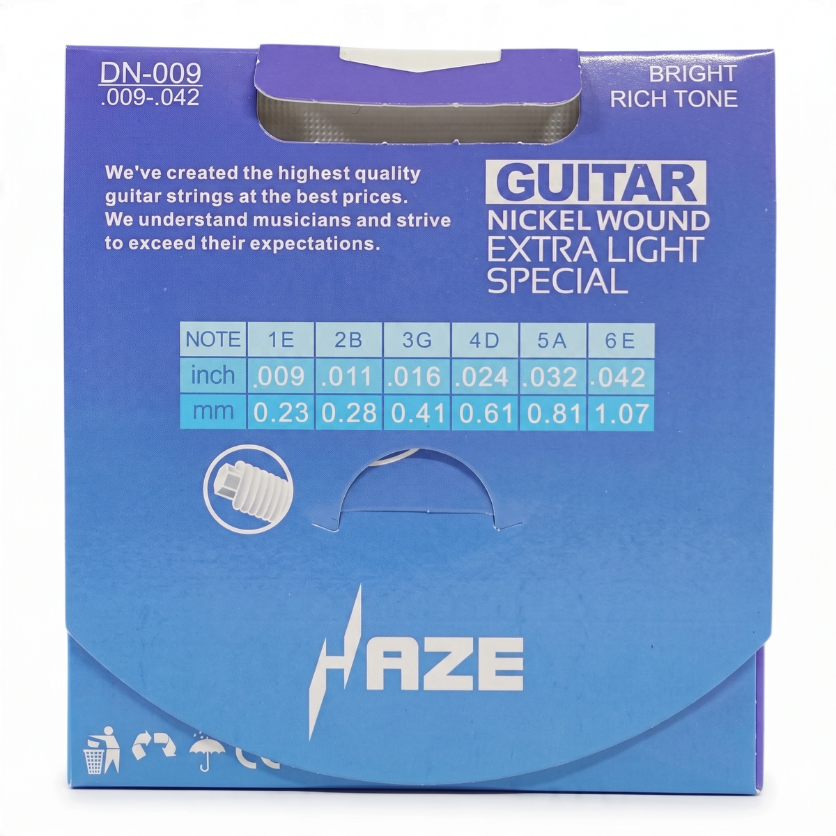 Haze Guitar Australia DN009 extra light nickel wound electric guitar strings in blue packaging with gauge chart