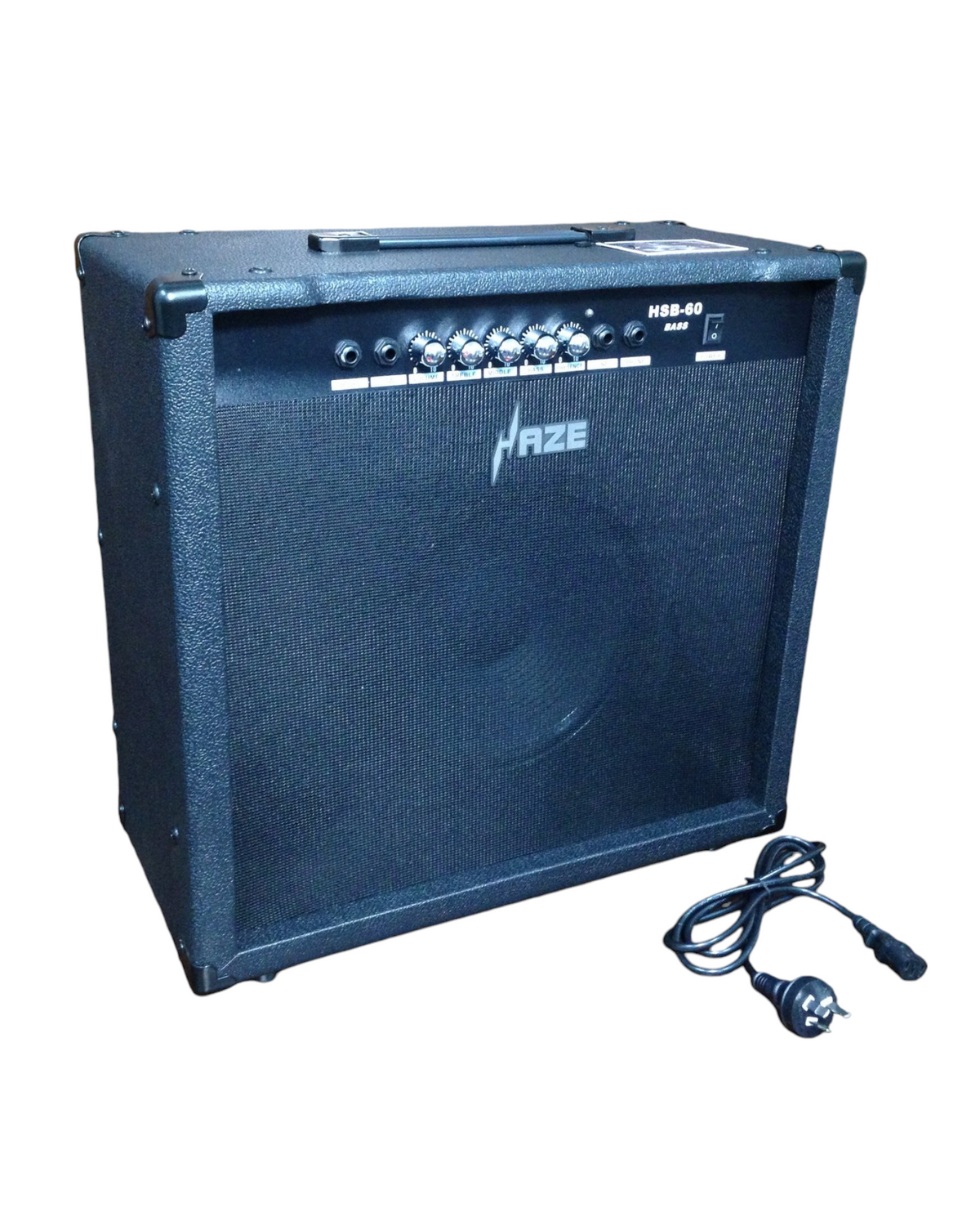 Haze Guitar Australia HSB60 40W bass amplifier in black with a 10-inch speaker, control knobs, and power cable.