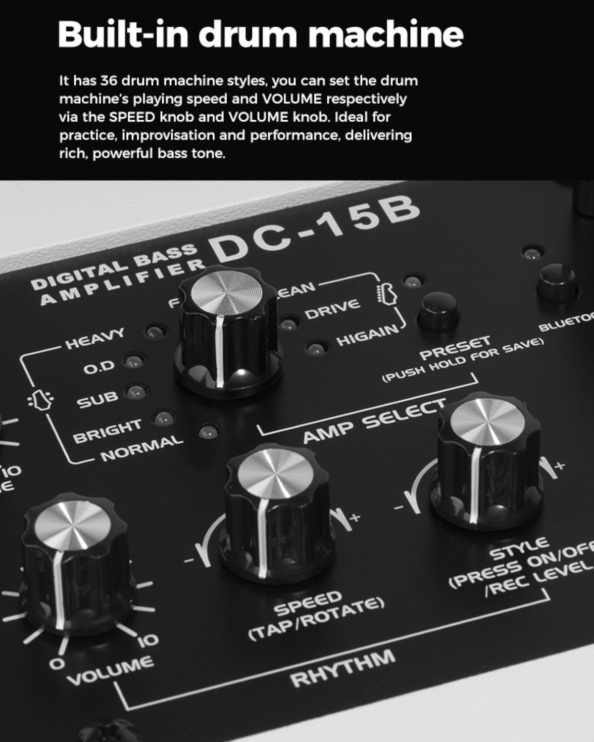 Haze Guitar Australia Joyo DC15B digital bass amplifier control panel with drum machine and amp select knobs