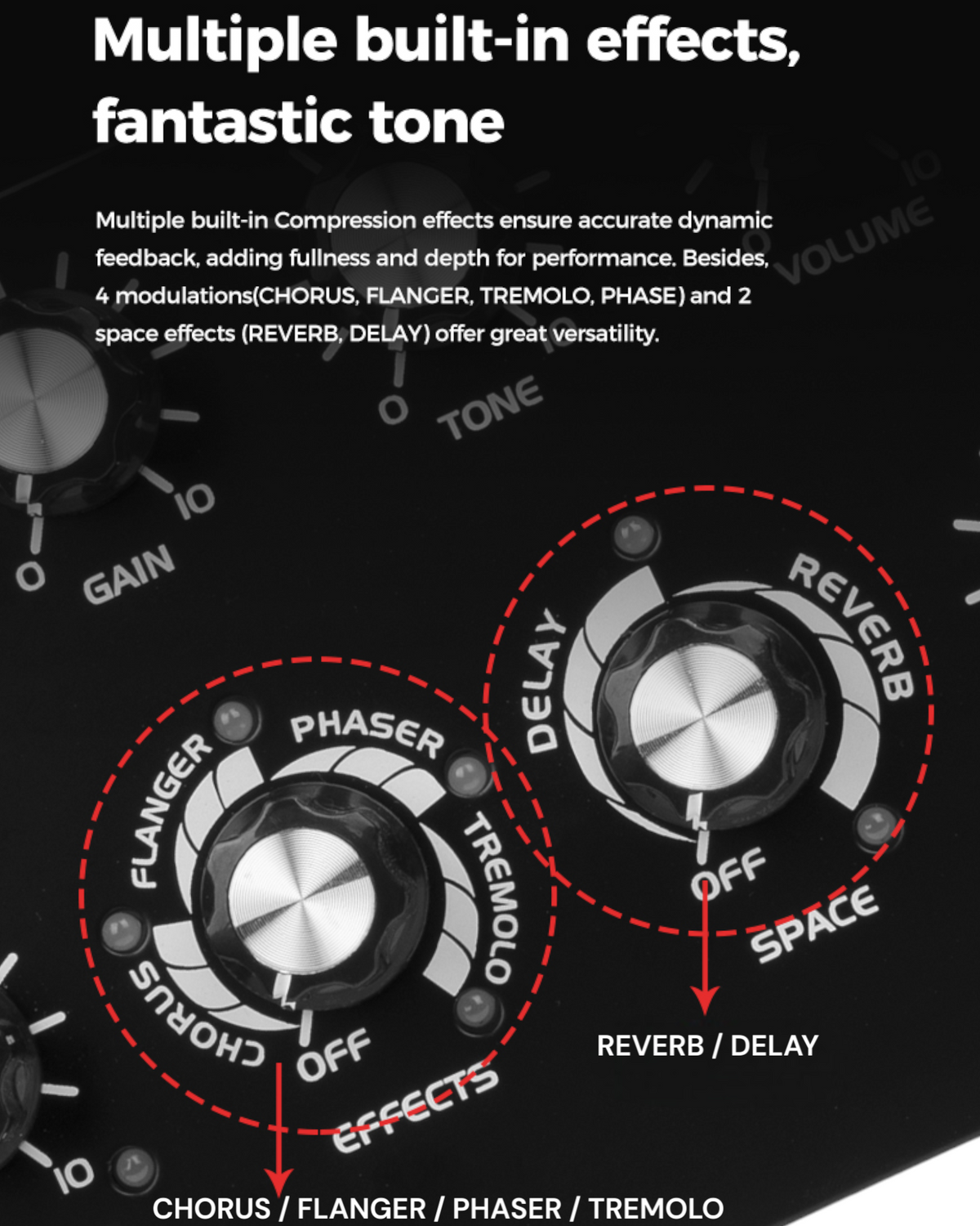 Haze Guitar Australia Joyo DC15B bass amp control panel showing modulation and space effect knobs for sound shaping