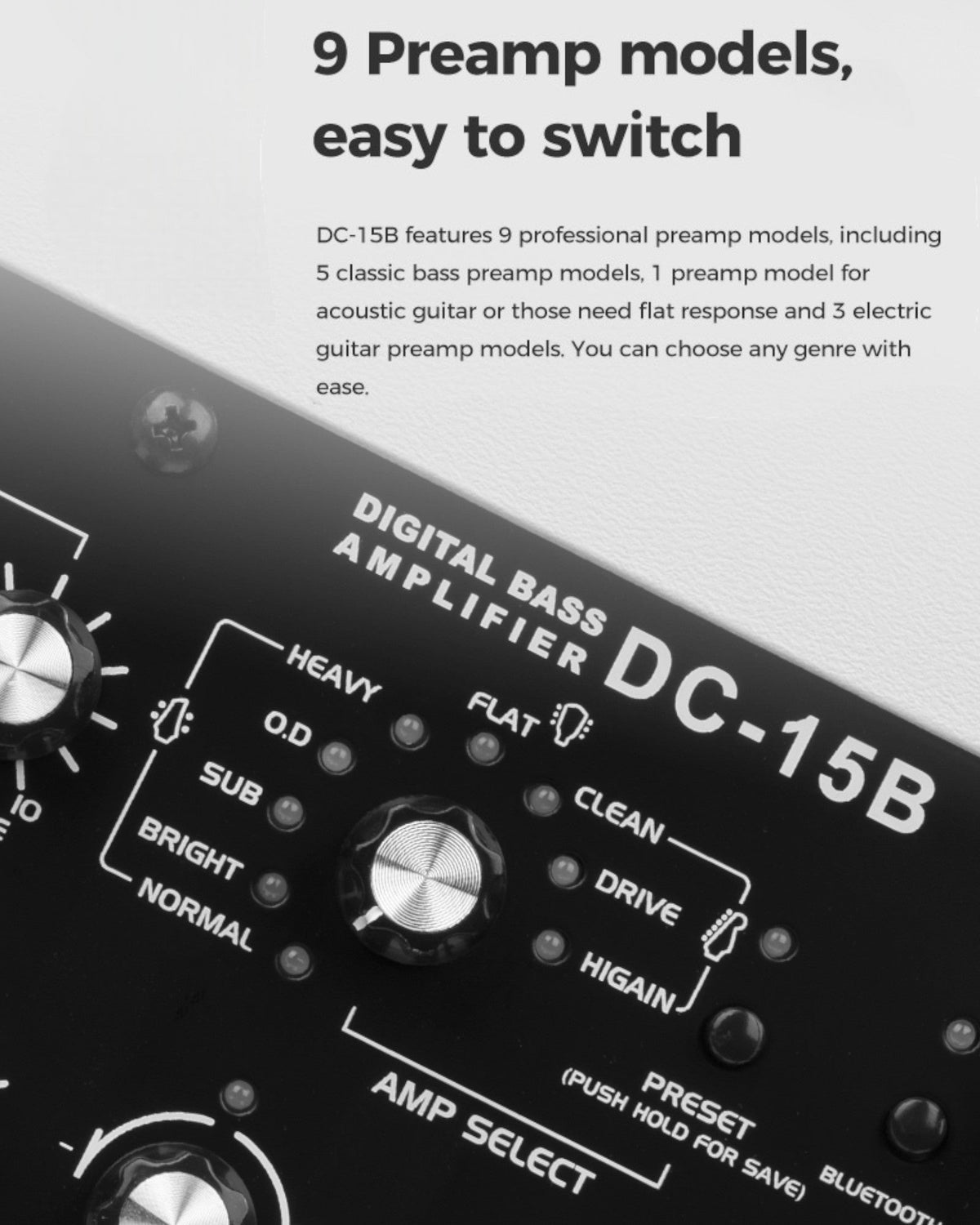 Haze Guitar Australia Joyo DC15B digital bass amplifier control panel showing preamp model selection settings