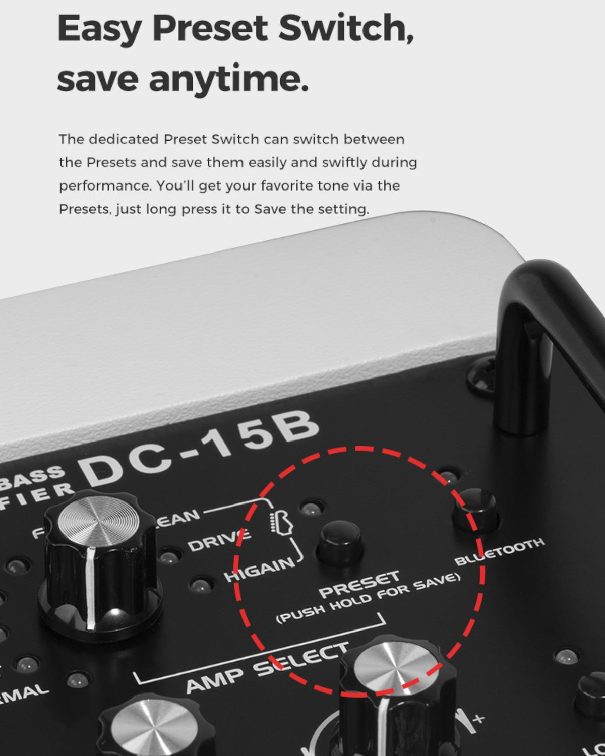 Haze Guitar Australia Joyo DC15B bass amp control panel showing the preset switch and amp selection knobs