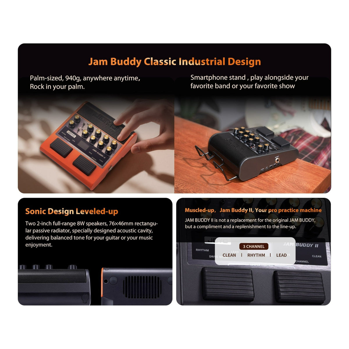 Haze Guitar Australia Joyo JAM BUDDY II portable modelling guitar amplifier with footswitches and smartphone stand.