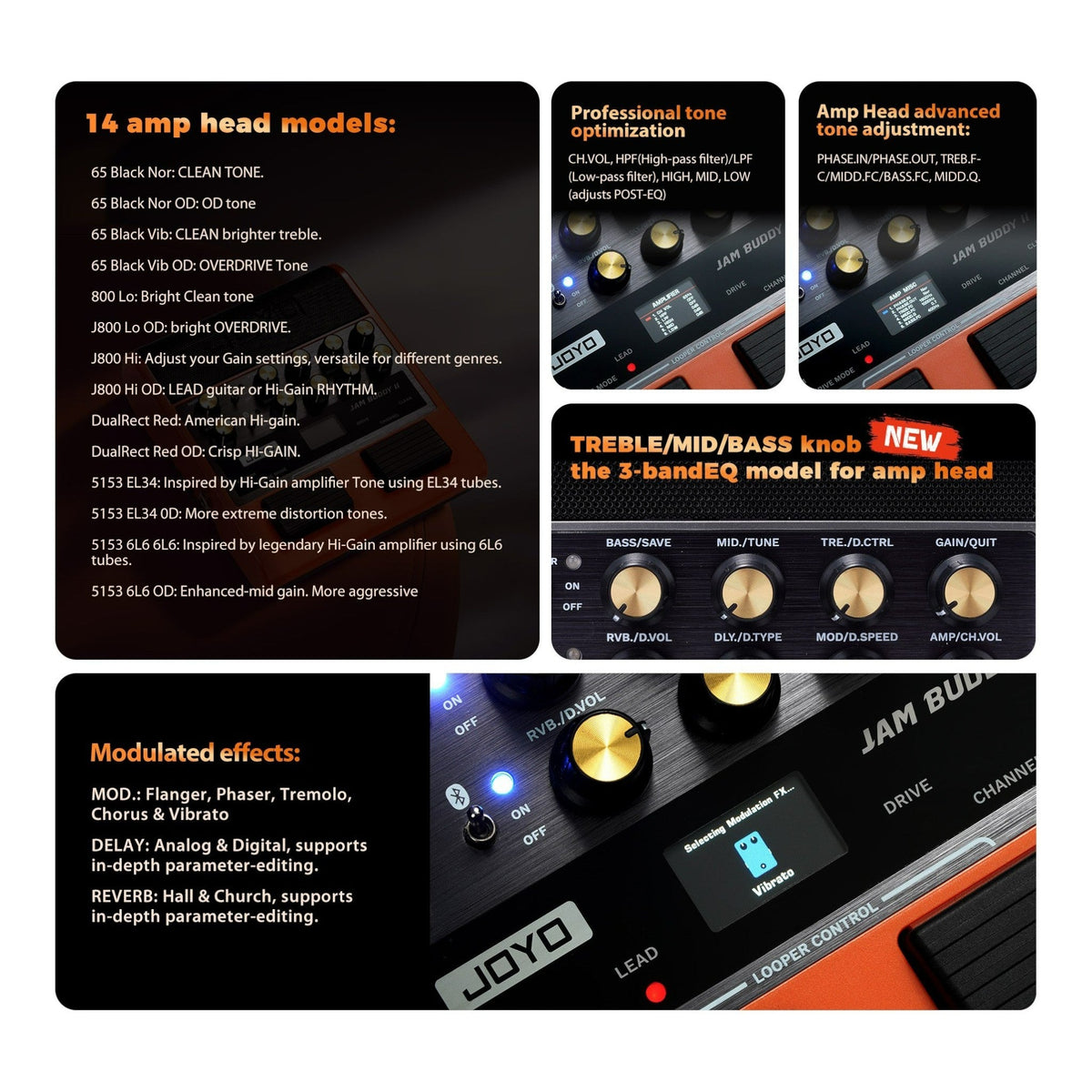 Haze Guitar Australia Joyo JAM BUDDY II amplifier control panel showing amp models, EQ knobs, and modulation effects