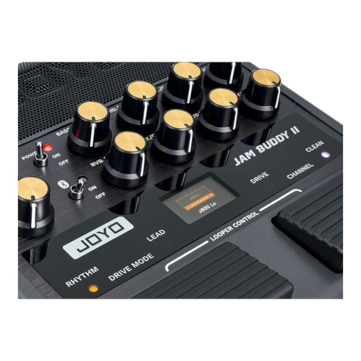 Haze Guitar Australia Joyo JAM BUDDY II portable guitar amplifier control panel with knobs, footswitches, and LCD screen