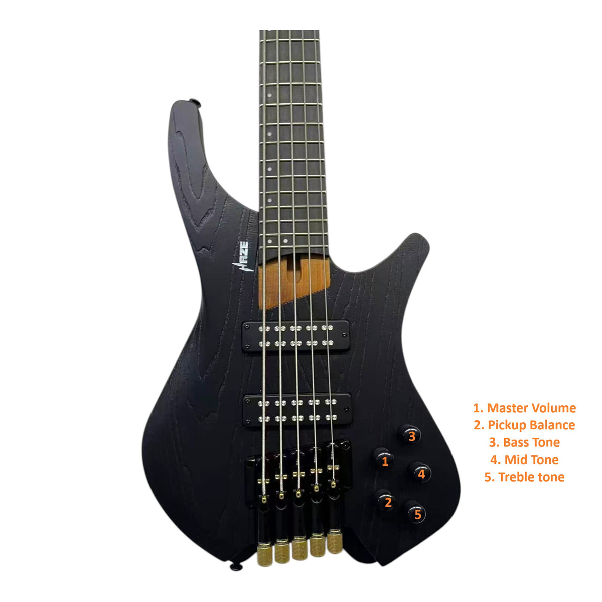 Haze HB5 “Ashbound” Headless 5-String Electric Bass – Active BJ-80 Pickups – Woodgrain Black – HB5BK