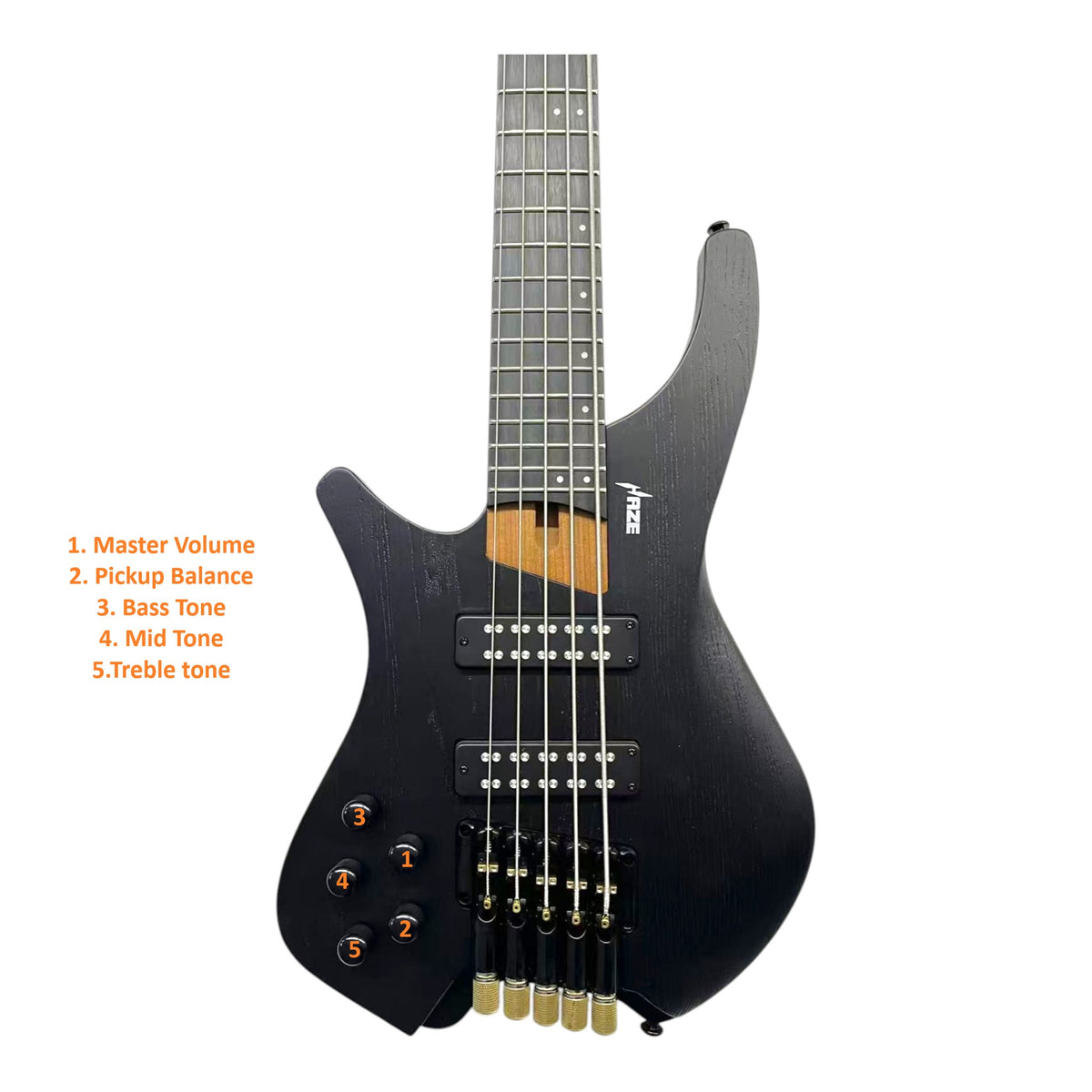 Haze HB5 “Ashbound” Left-Handed Headless 5-String Electric Bass – Active BJ-80 Pickups – Woodgrain Black – HB5BKLH