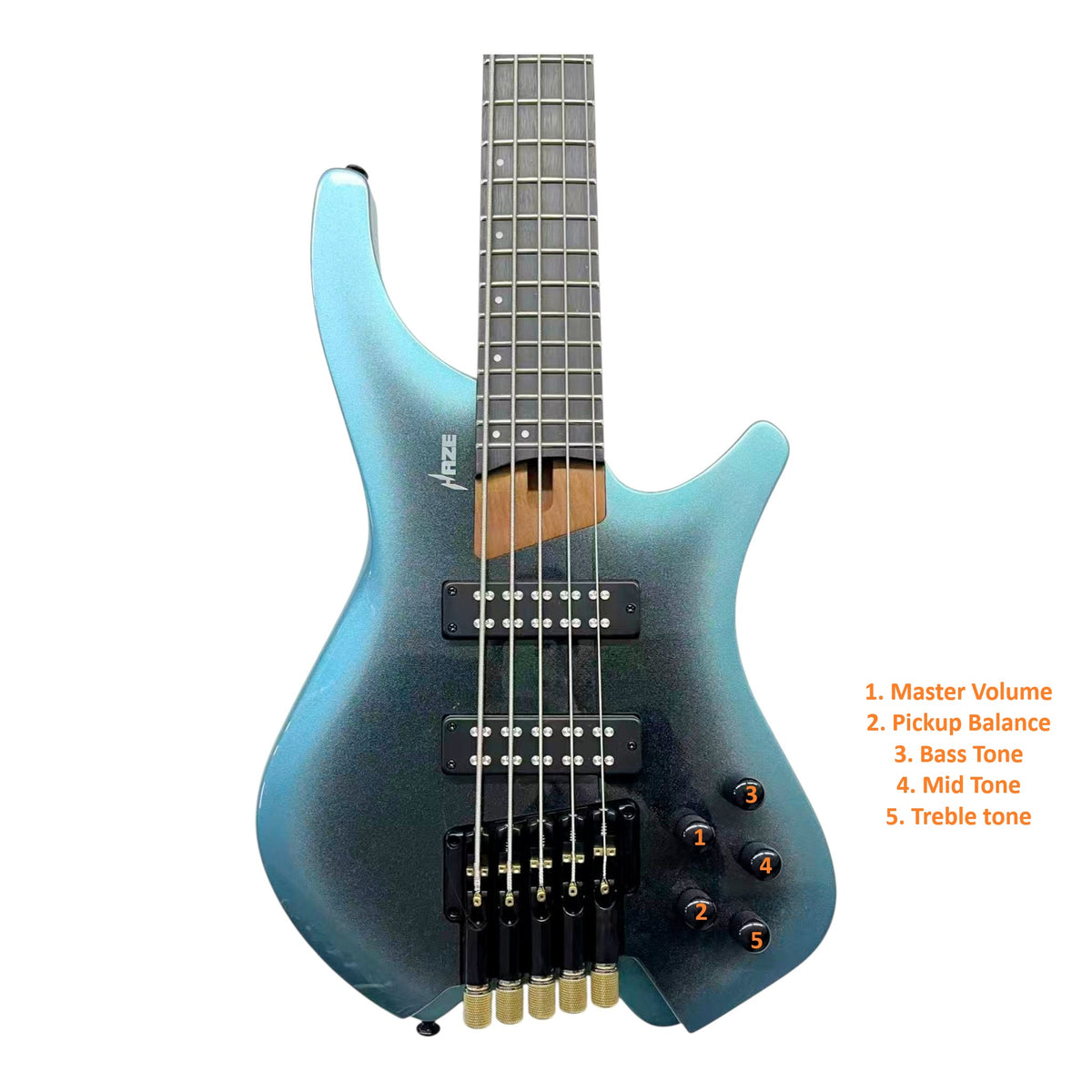 Haze HB5 “Nightwave” Headless 5-String Electric Bass – Active BJ-80 Pickups – Metallic Blueburst – HB5BL