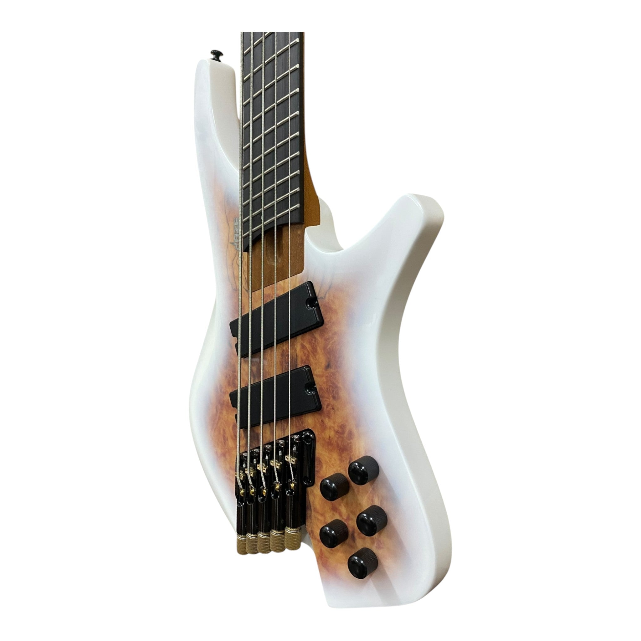Haze HB5FFMS Voyager Series Headless Fanned Fret 5-String Electric Bass – Roasted Maple Neck, White Sunburst Finish, & Active BJ-80 Pickups