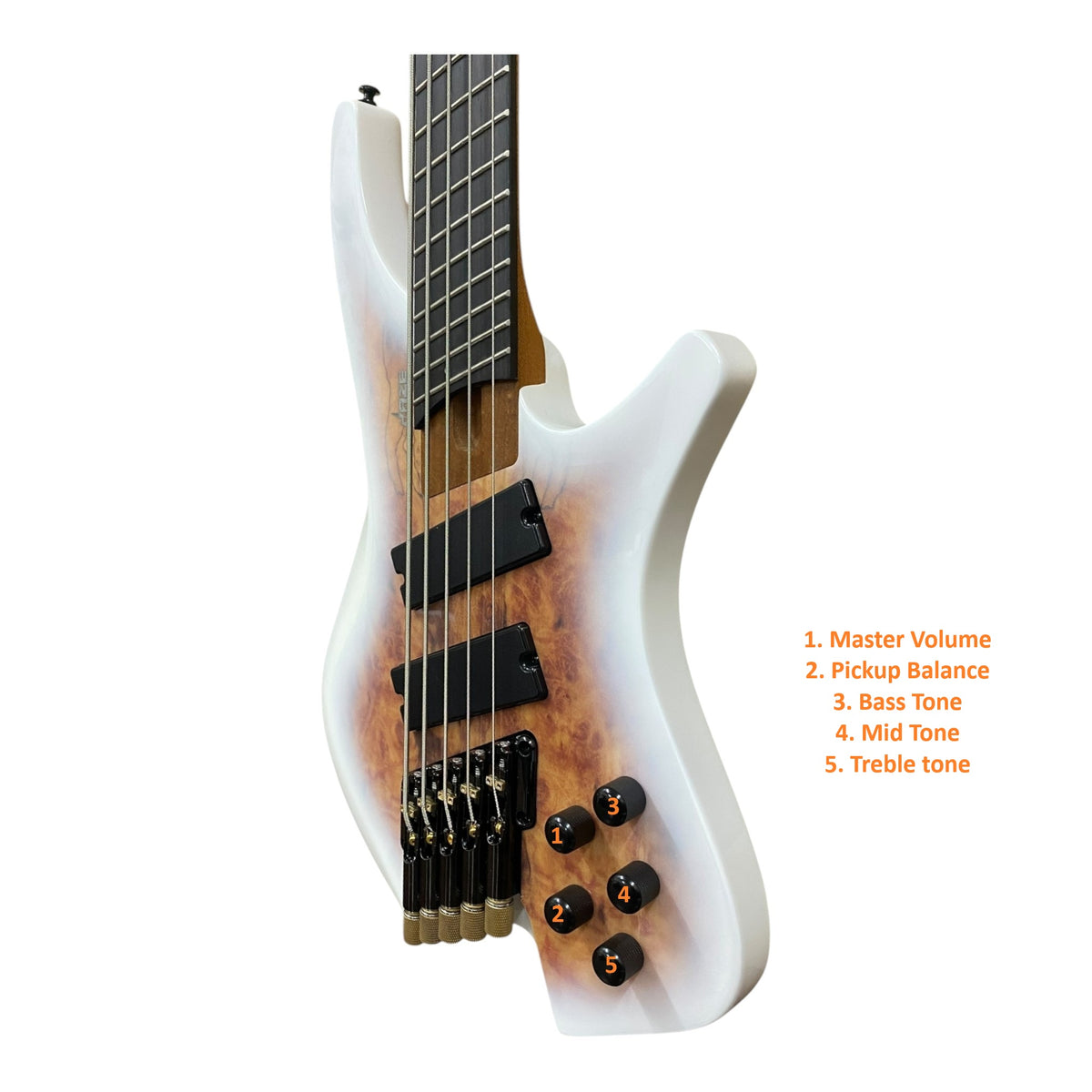 Pre-Order – ETA Late October 2026 | Haze HB5FFMS Voyager Series Headless Fanned-Fret 5-String Electric Bass – Roasted Maple Neck, White Sunburst, Active BJ-80 Pickups