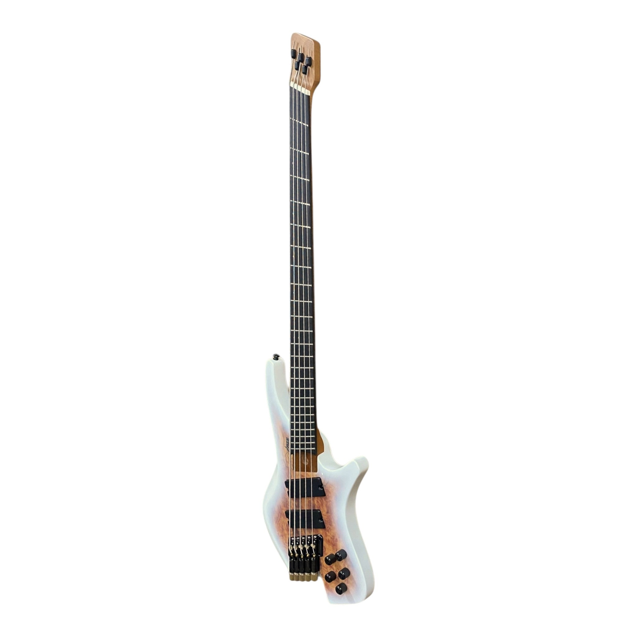 Haze HB5FFMS Voyager Series Headless Fanned Fret 5-String Electric Bass – Roasted Maple Neck, White Sunburst Finish, & Active BJ-80 Pickups