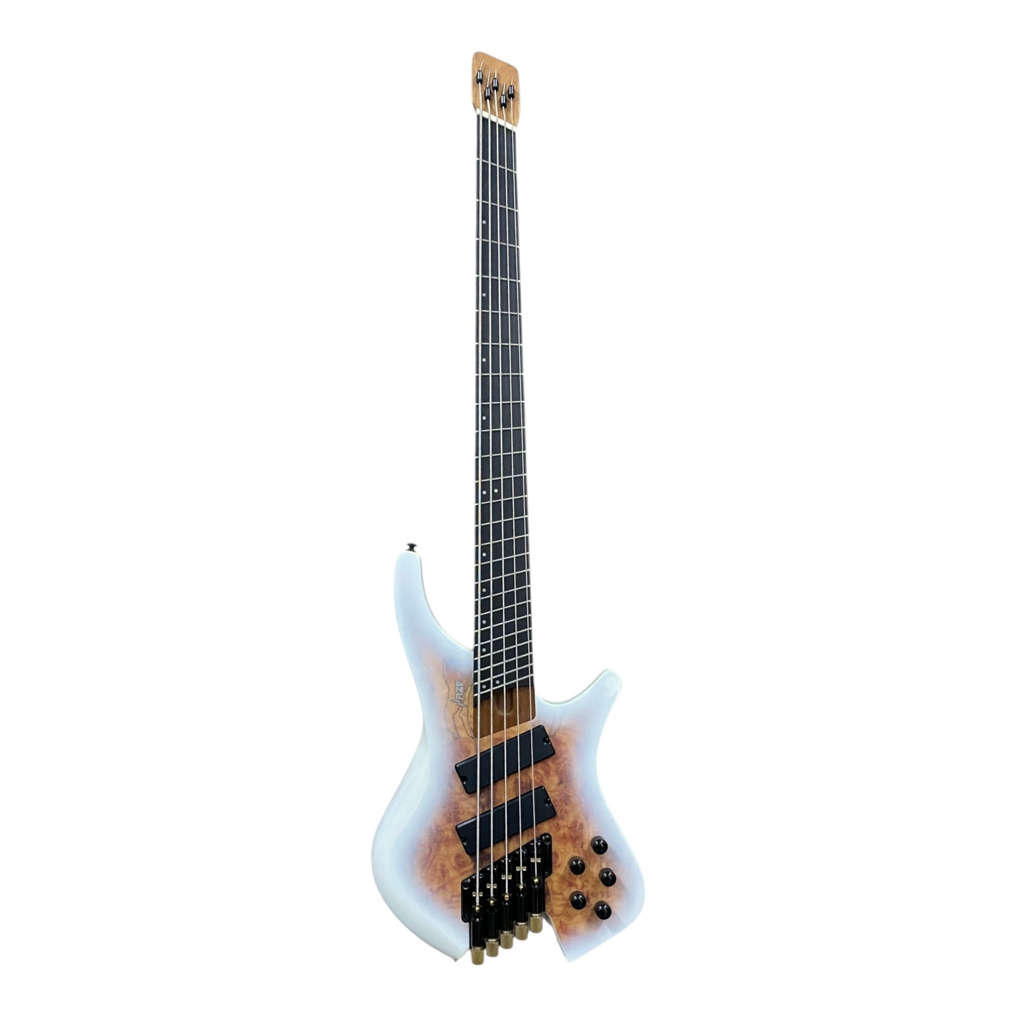 Haze HB5FFMS Voyager Series Headless Fanned Fret 5-String Electric Bass – Roasted Maple Neck, White Sunburst Finish, & Active BJ-80 Pickups