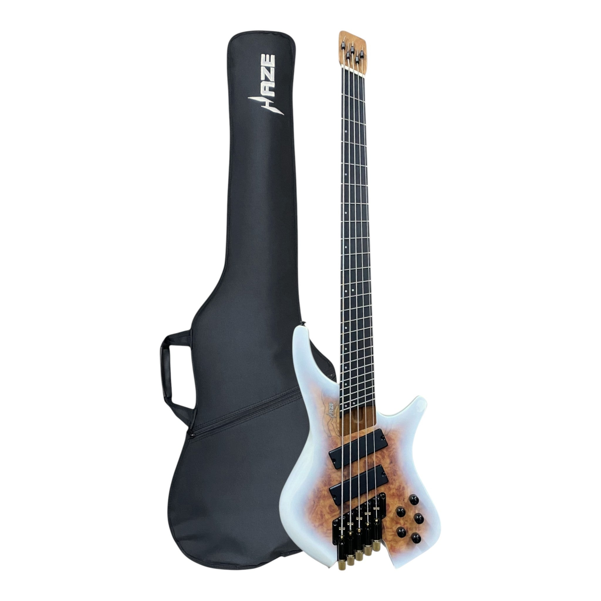 Haze HB5FFMS Voyager Series Headless Fanned Fret 5-String Electric Bass – Roasted Maple Neck, White Sunburst Finish, & Active BJ-80 Pickups