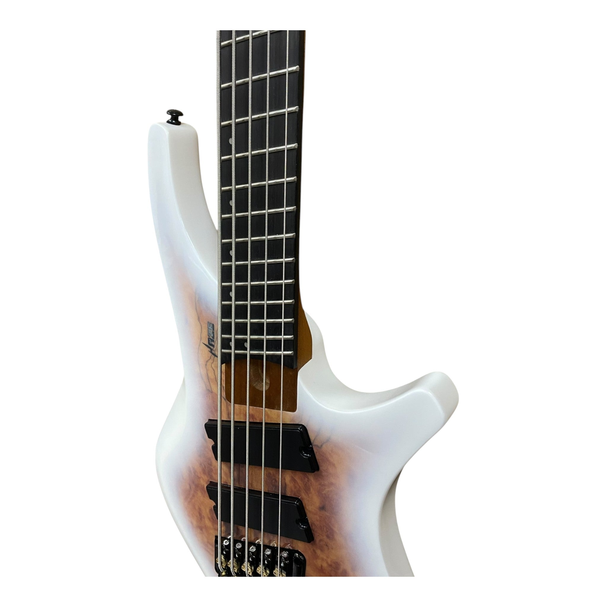 Haze HB5FFMS Voyager Series Headless Fanned Fret 5-String Electric Bass – Roasted Maple Neck, White Sunburst Finish, & Active BJ-80 Pickups
