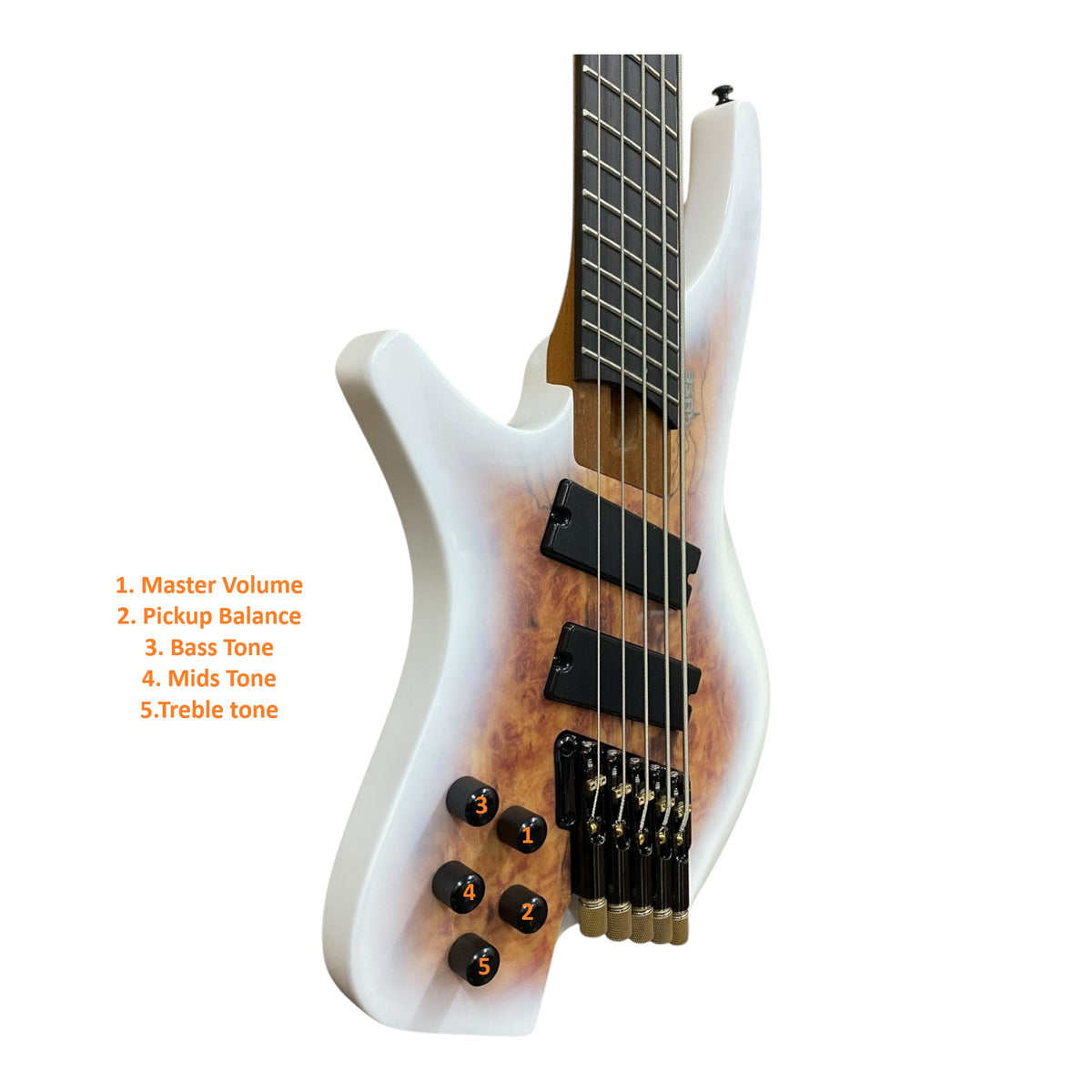 Pre-Order – ETA Late October 2026 | Haze HB5FFMSLH Voyager Series Left-Handed Headless Fanned-Fret 5-String Electric Bass – Roasted Maple Neck, White Sunburst, Active BJ-80 Pickups
