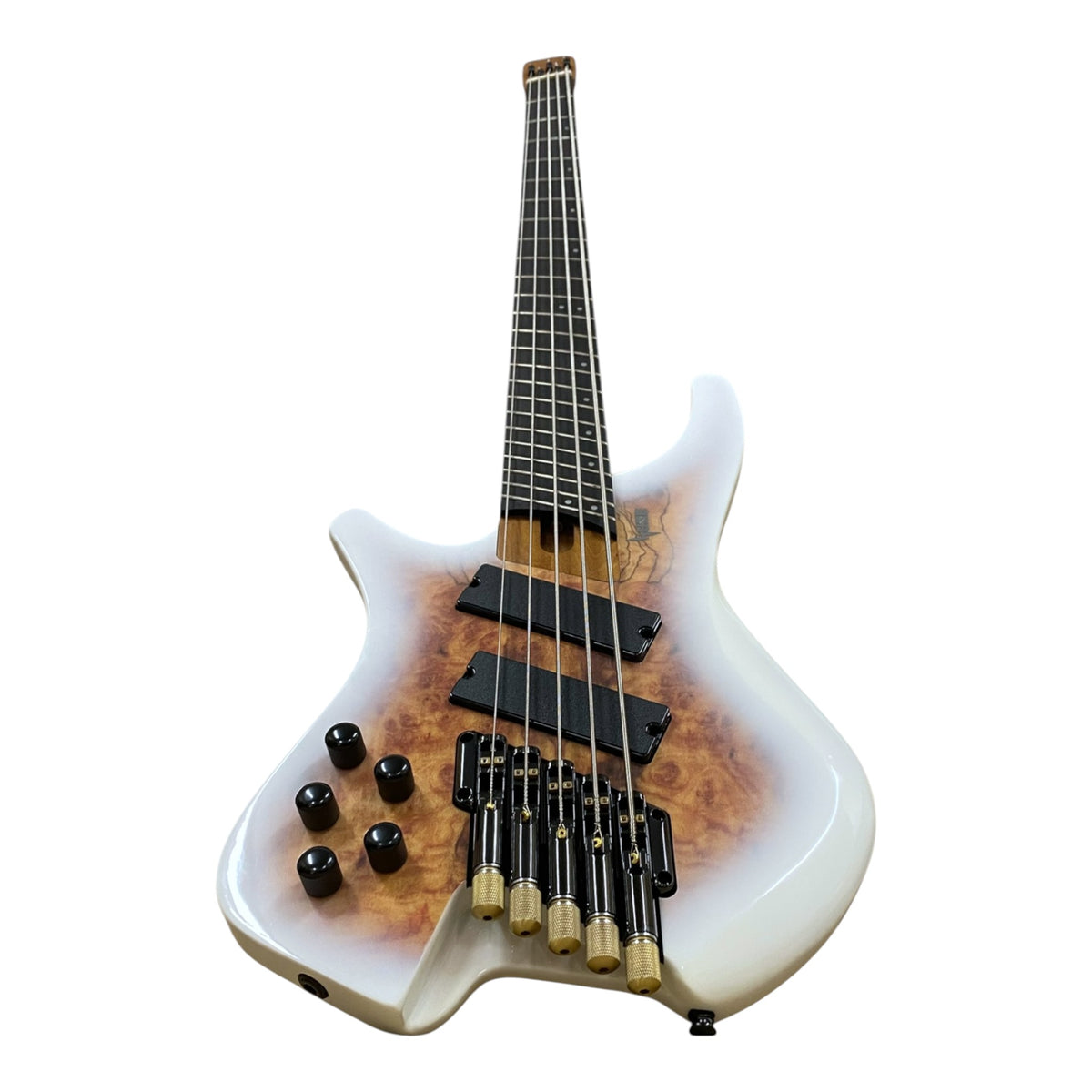 Pre-Order – ETA Late October 2026 | Haze HB5FFMSLH Voyager Series Left-Handed Headless Fanned-Fret 5-String Electric Bass – Roasted Maple Neck, White Sunburst, Active BJ-80 Pickups