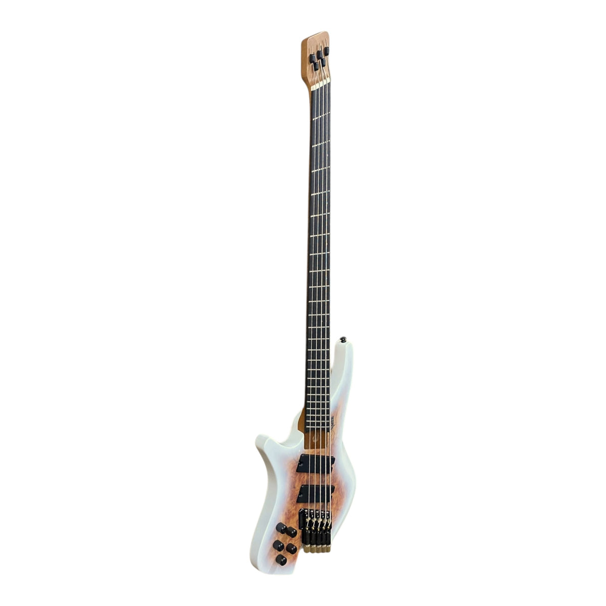 Pre-Order – ETA Late October 2026 | Haze HB5FFMSLH Voyager Series Left-Handed Headless Fanned-Fret 5-String Electric Bass – Roasted Maple Neck, White Sunburst, Active BJ-80 Pickups